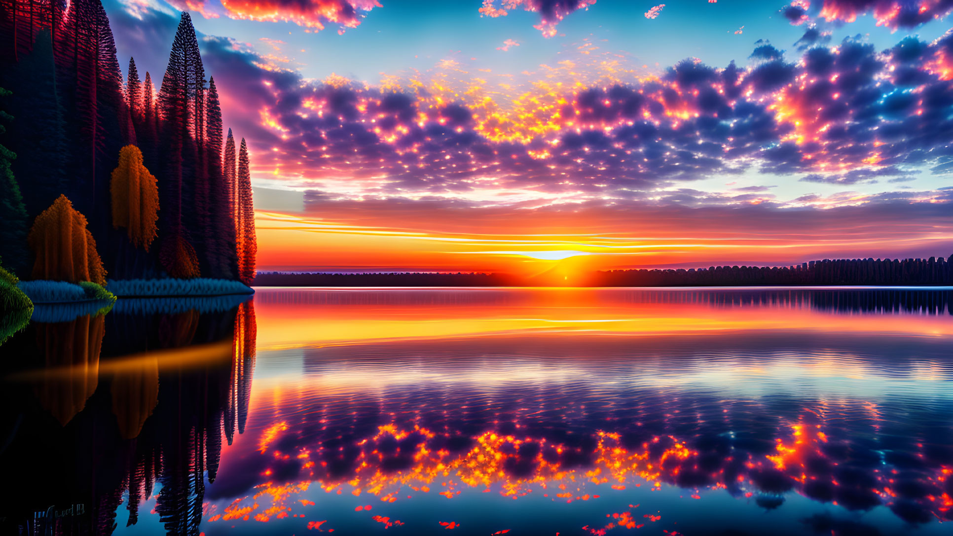 Fiery sunset reflected in tranquil lake with silhouetted pine trees