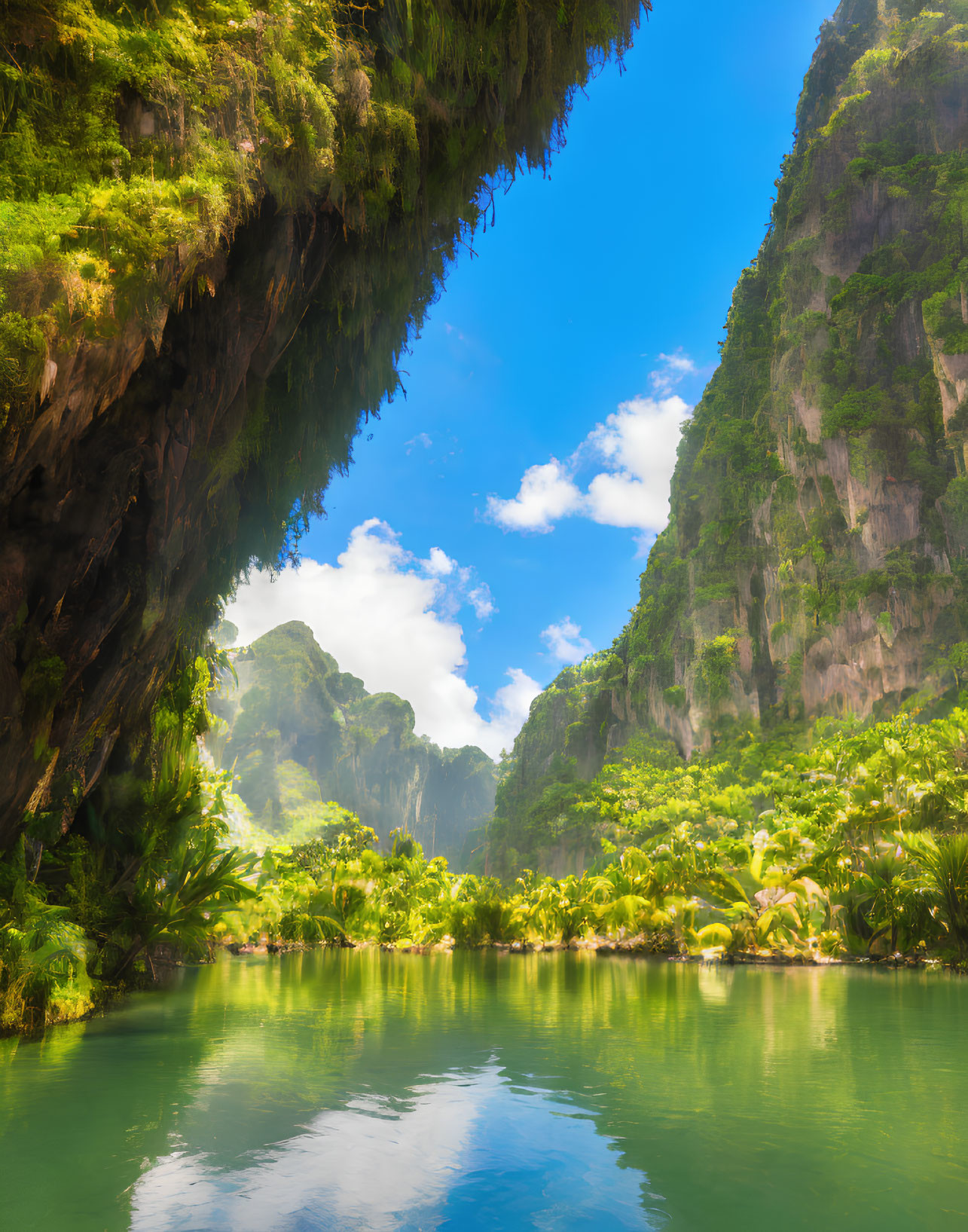 Tranquil river in lush green cavern with rocky walls