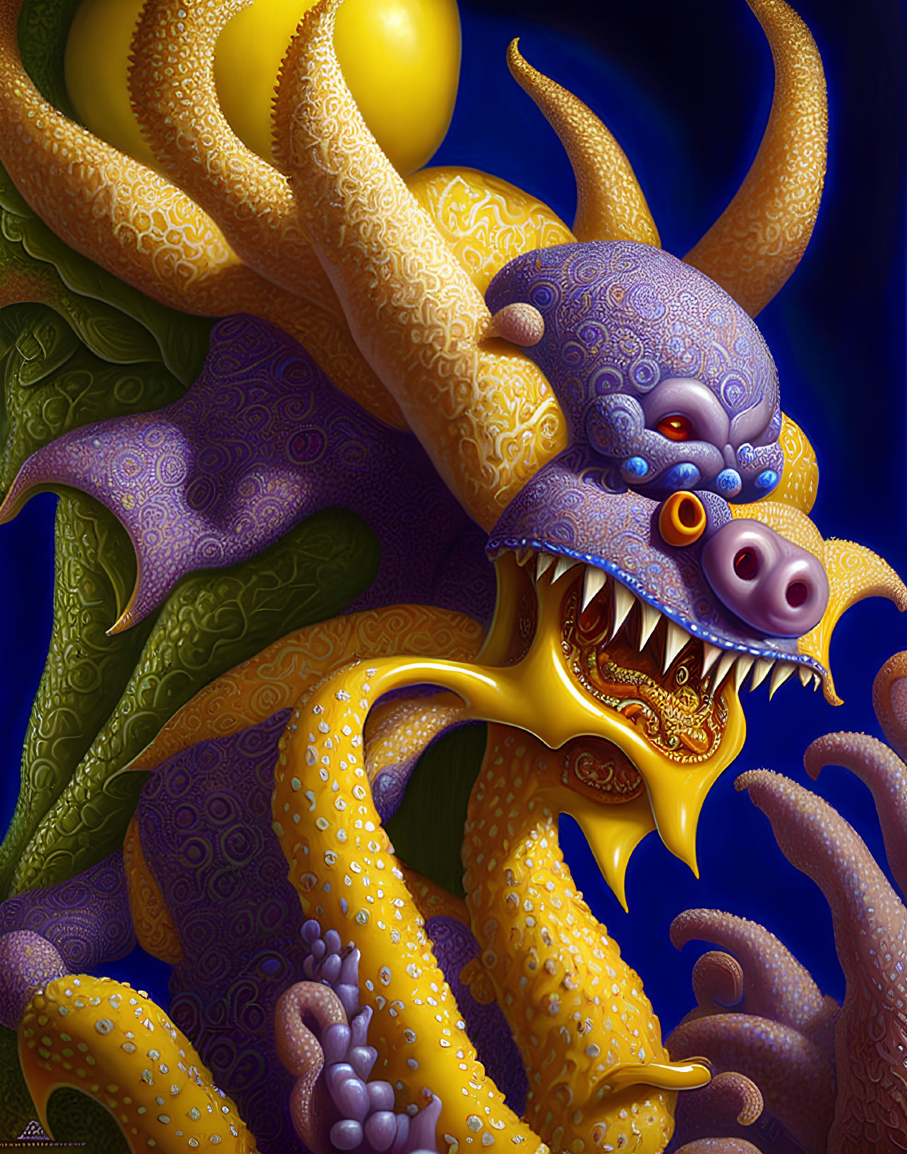 Colorful digital illustration of a whimsical purple dragon with yellow patterns and twisting horns on dark blue backdrop