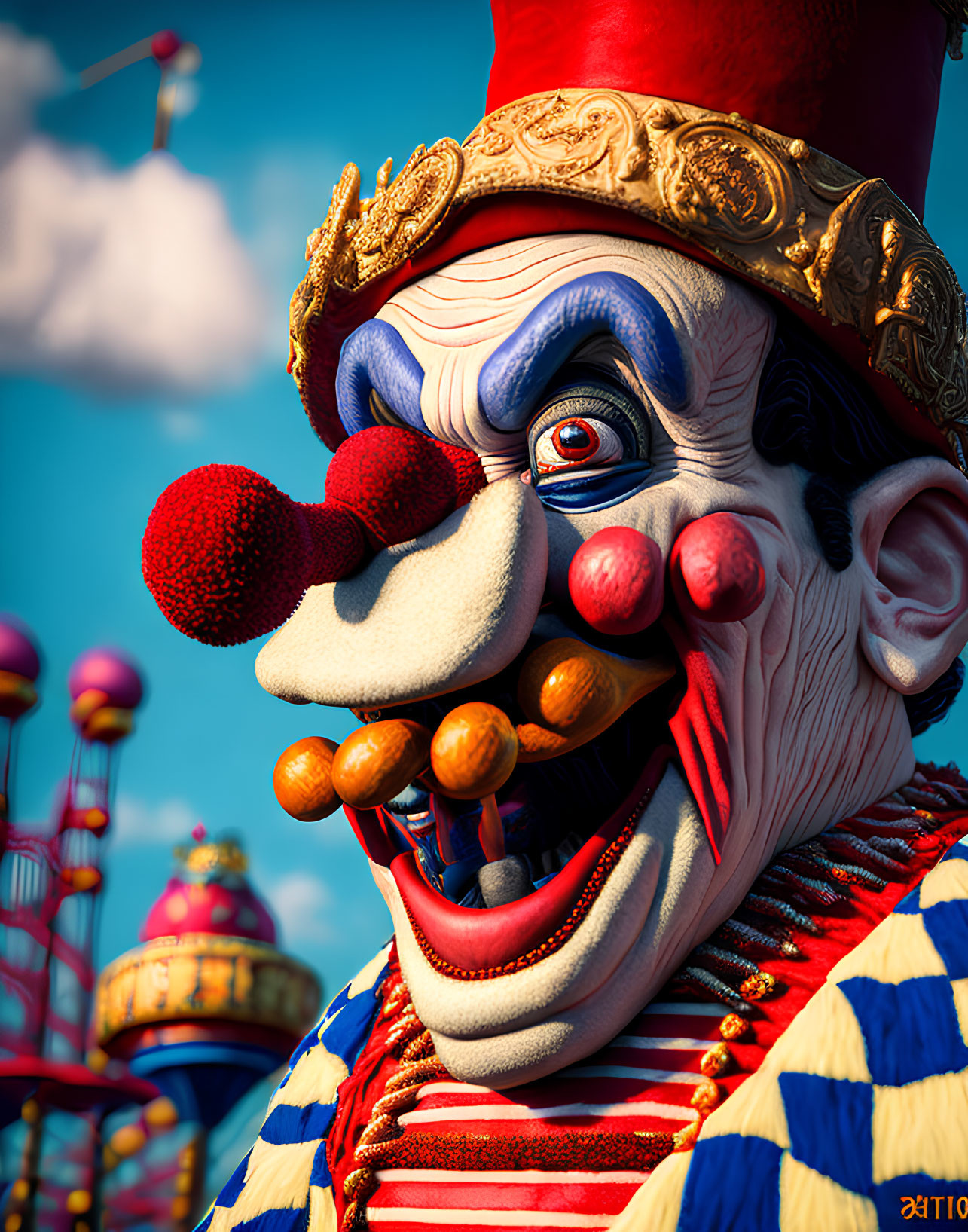 Colorful Sinister Clown in Regal Attire at Amusement Park