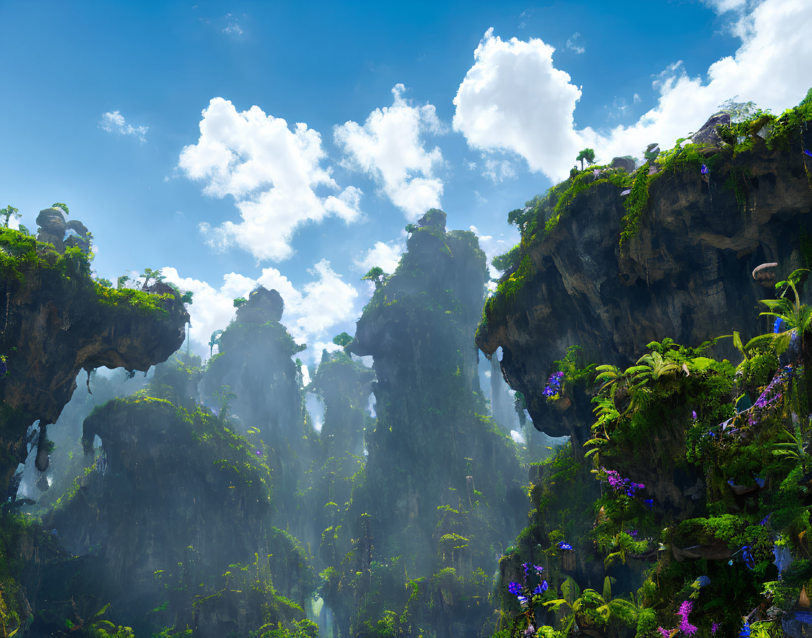 Vibrant flora on lush floating islands under bright blue sky