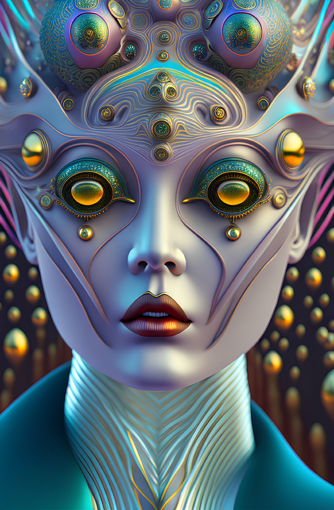 Detailed surreal digital portrait with ornate headpiece, metallic skin, and vibrant green eyes