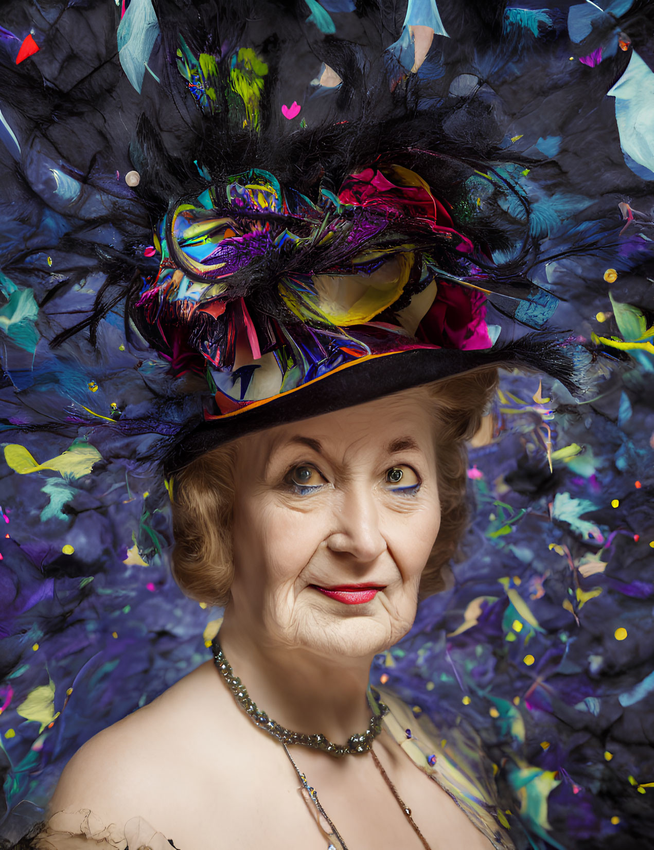 Elderly woman in flamboyant hat with feathers and confetti