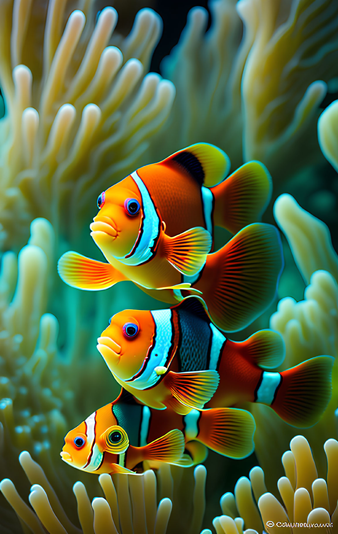 Vivid Orange and White Clownfish Among Sea Anemone Tentacles