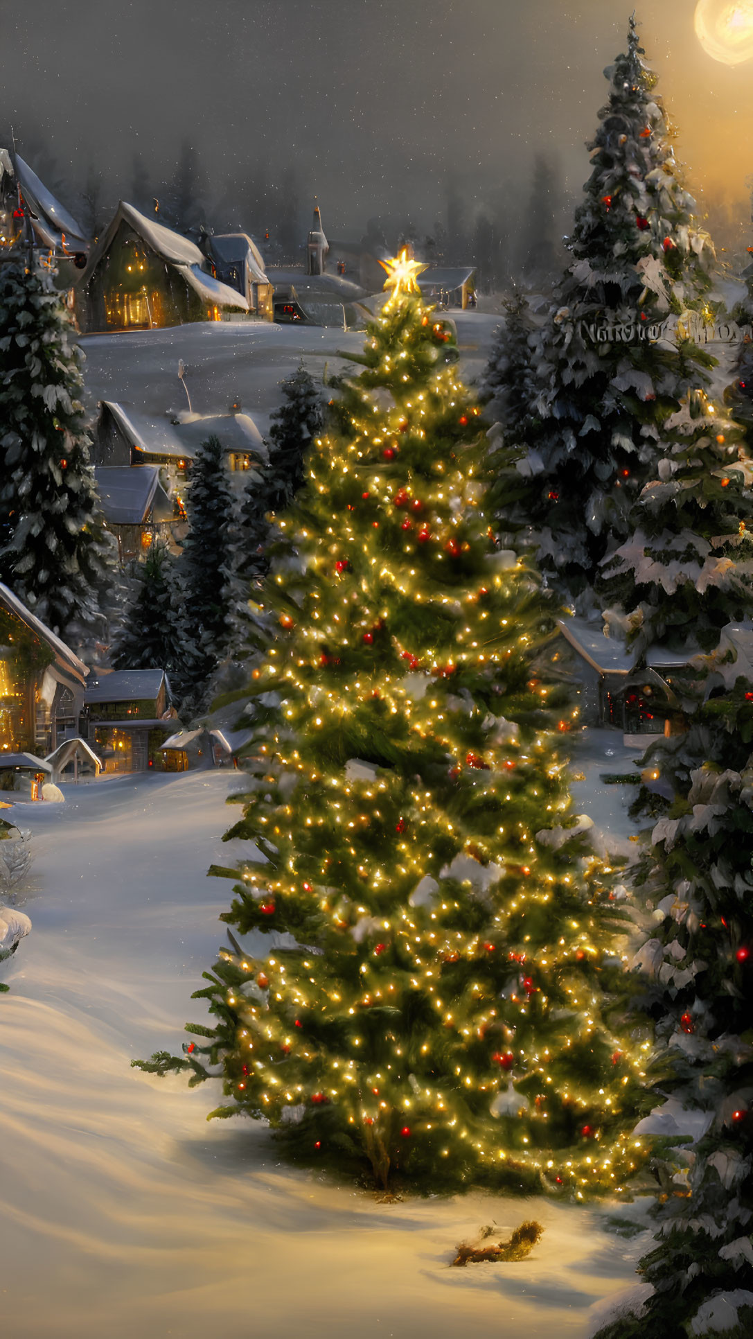 Snowy village scene with illuminated Christmas tree