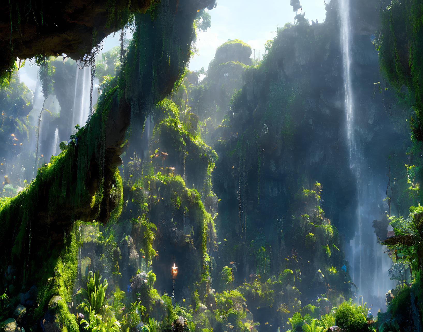 Verdant jungle with waterfalls, misty sunlight, and torchlit path