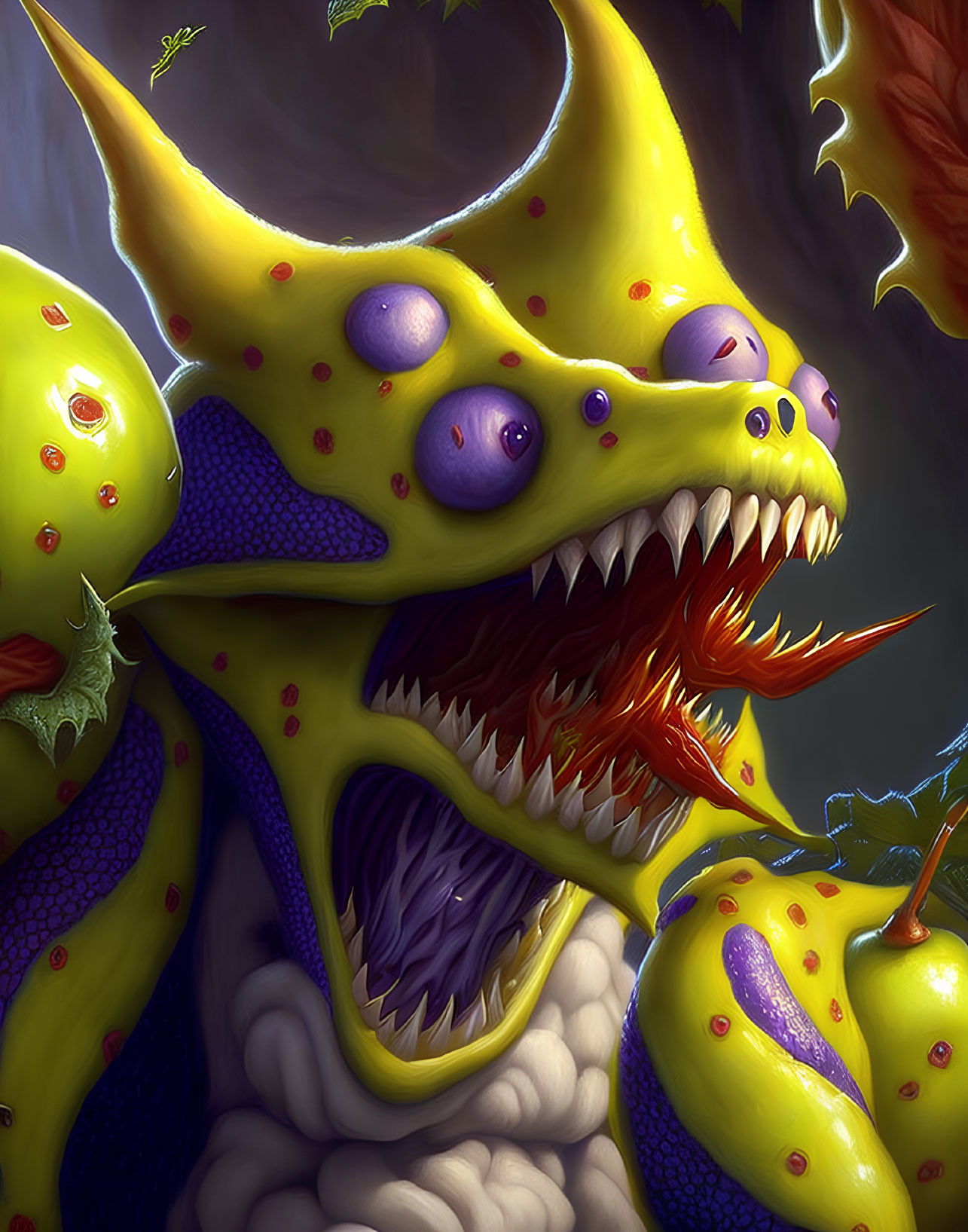 Detailed depiction of monstrous creature with yellow skin, purple spots, multiple eyes, and sharp teeth