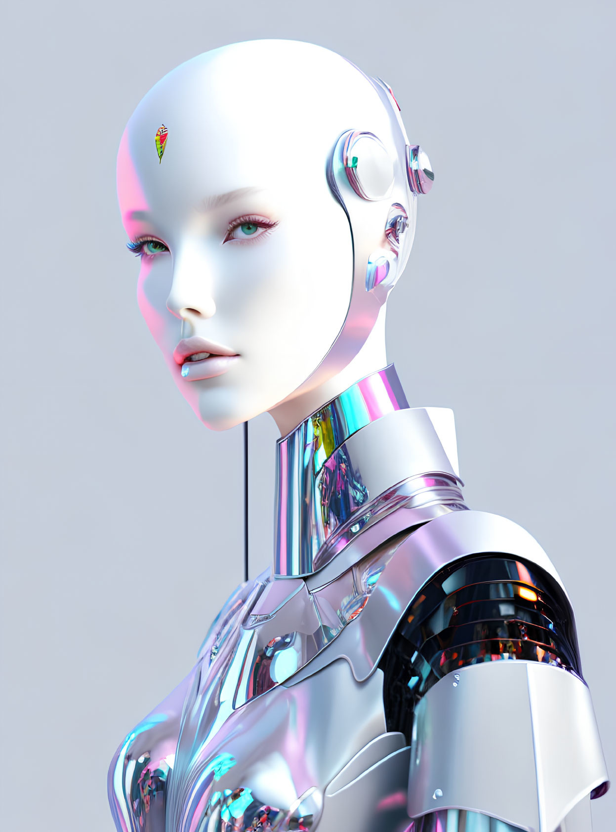 Futuristic robotic humanoid with reflective silver surface and mechanical details