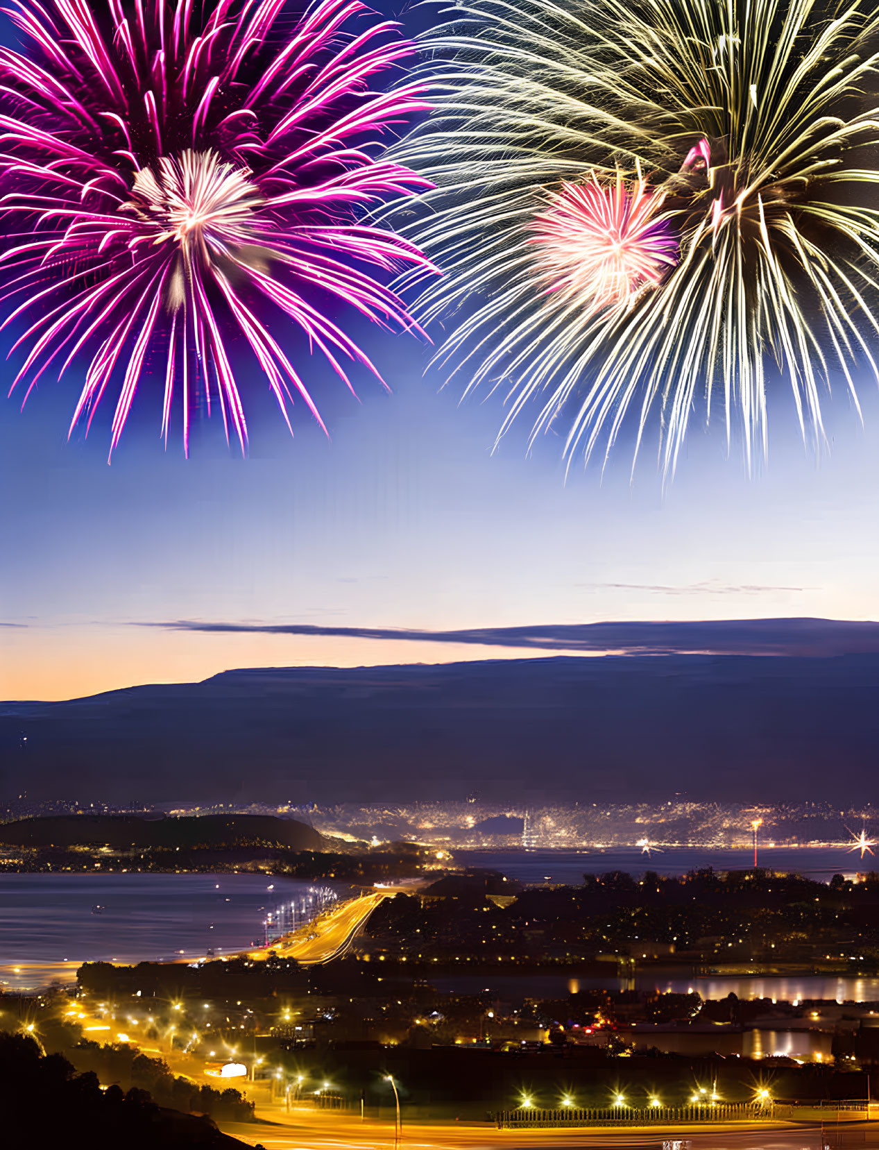 Vibrant fireworks illuminate cityscape at twilight