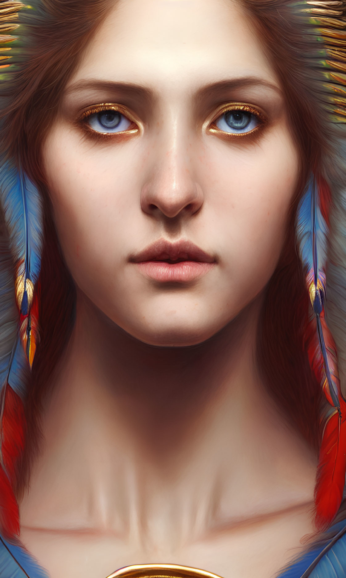 Portrait of Woman with Striking Blue Eyes and Feathered Earrings