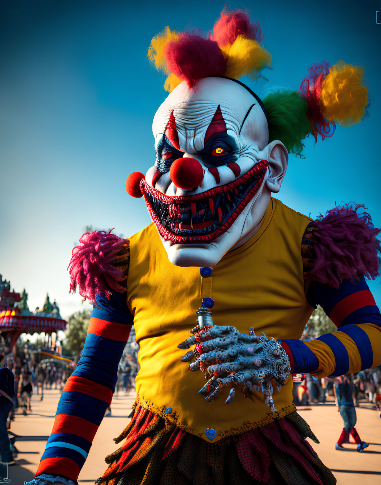 Colorful Hair Menacing Clown in Sunlit Area with People