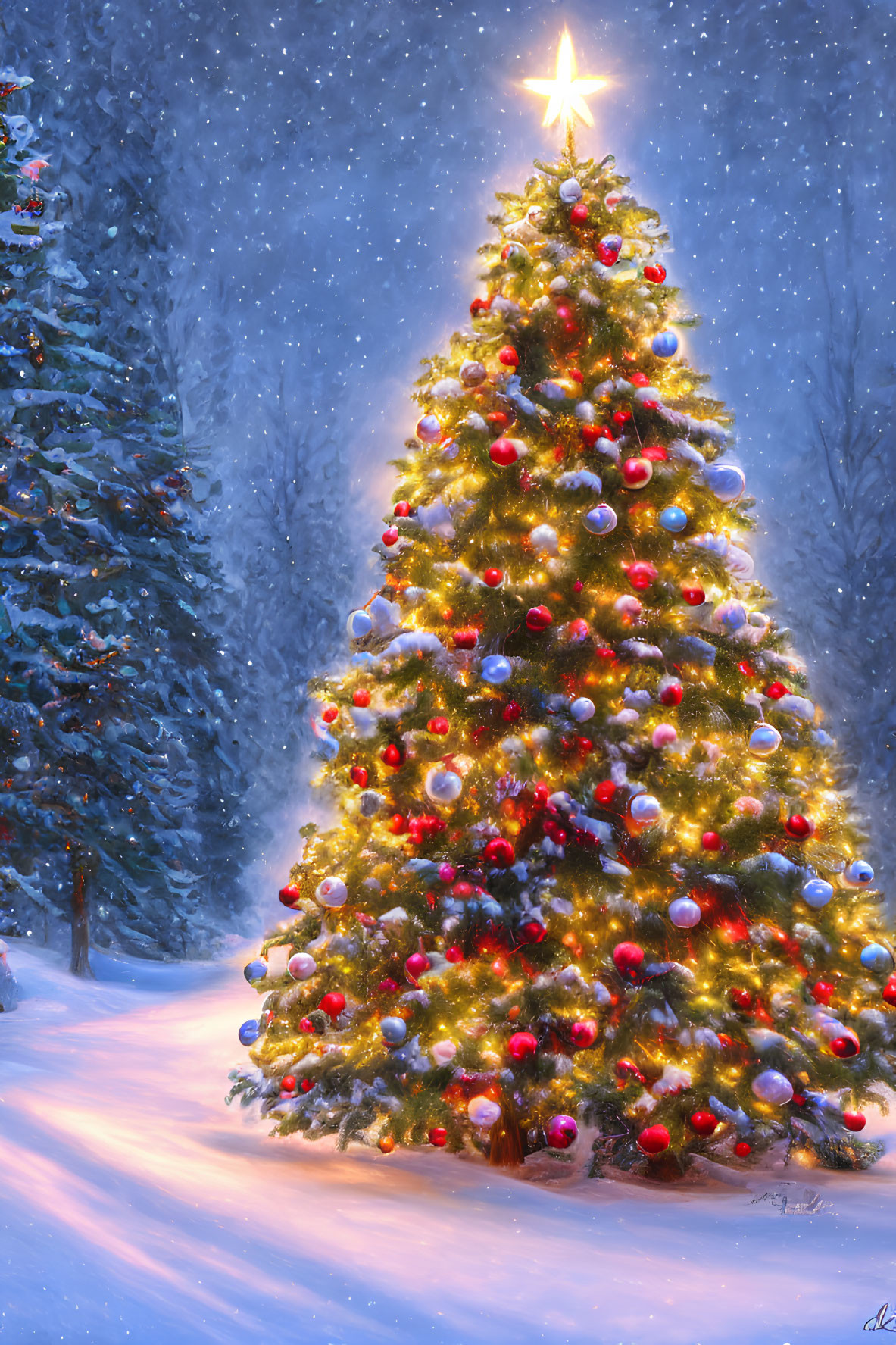 Festive Christmas tree with red and silver baubles in snowy setting