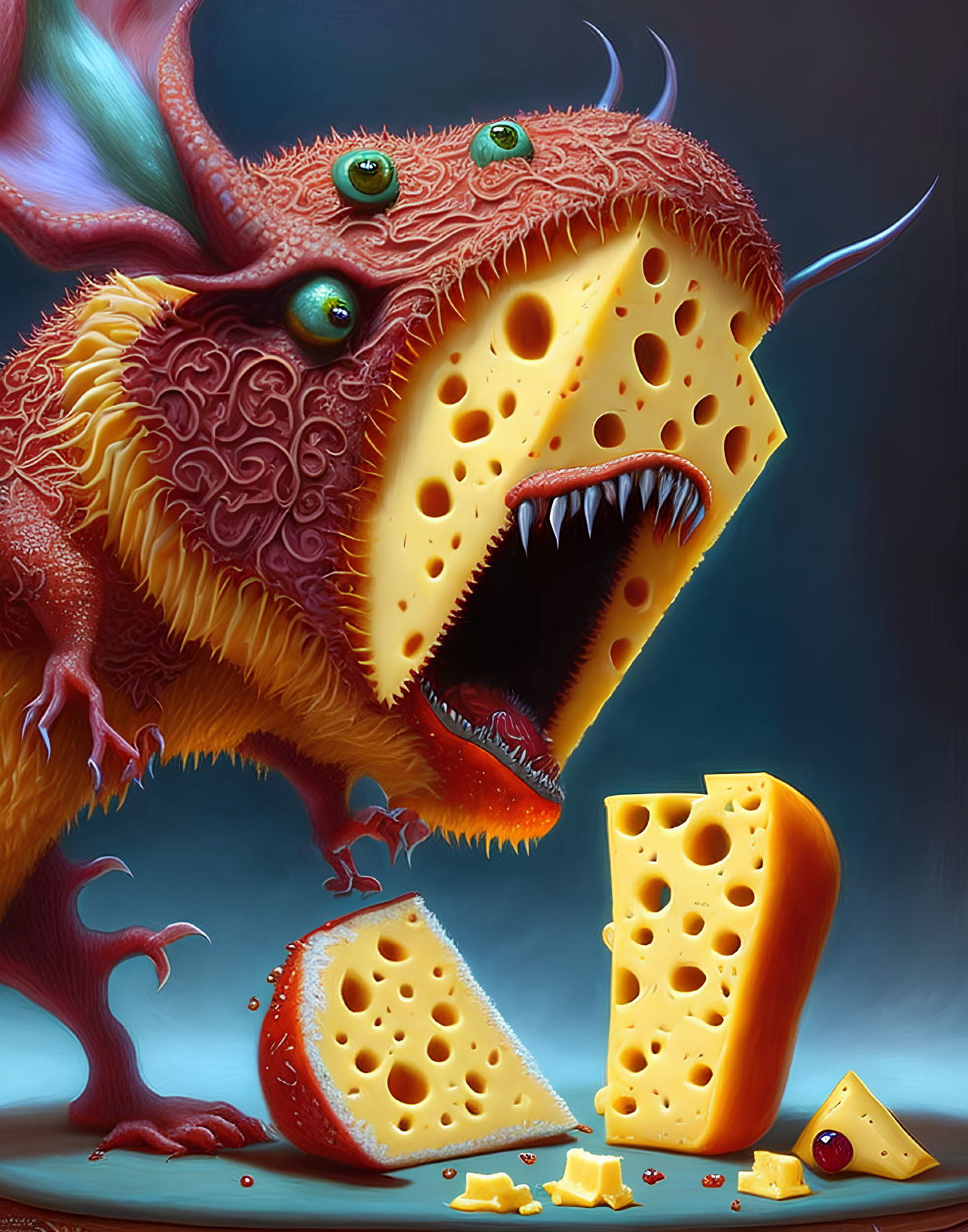 Fantasy illustration of dragon with cheese-like skin and holes next to cheese pieces