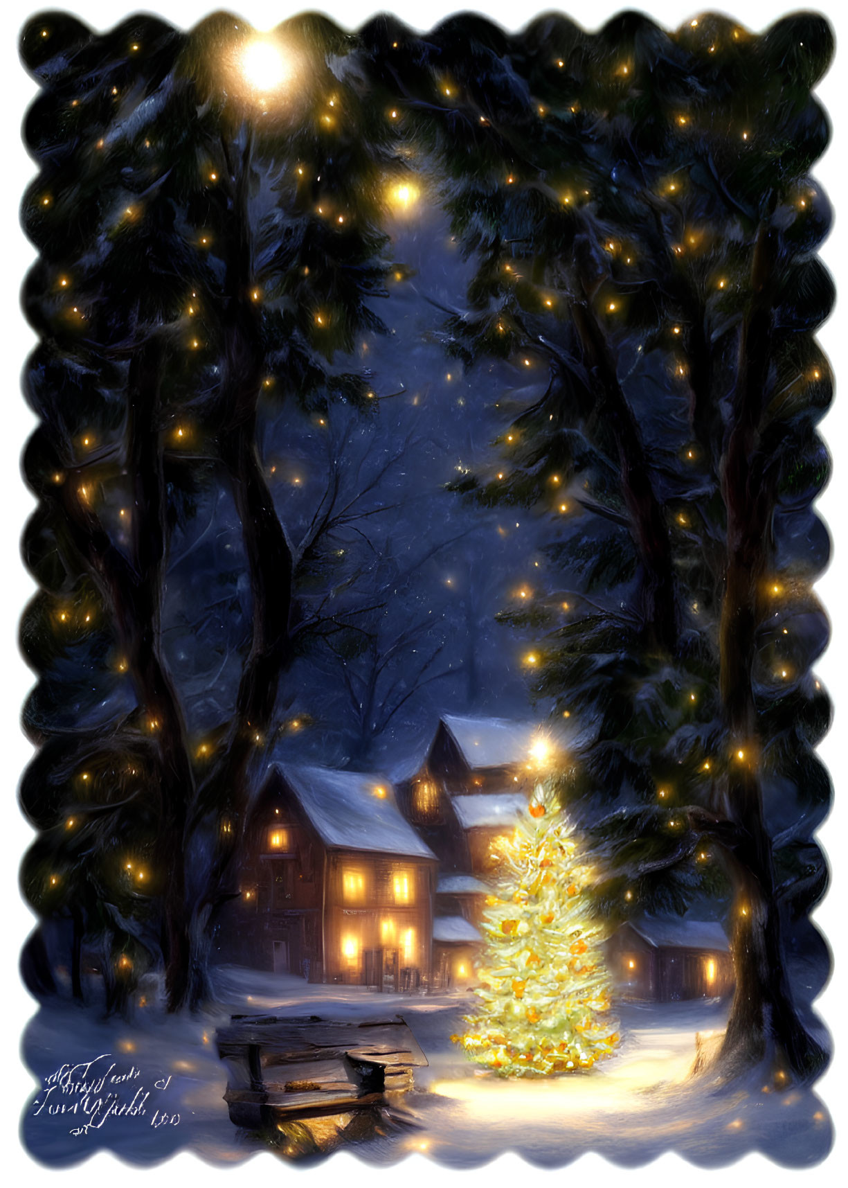 Winter night scene with festive Christmas tree, snow-covered houses, and twinkling lights.