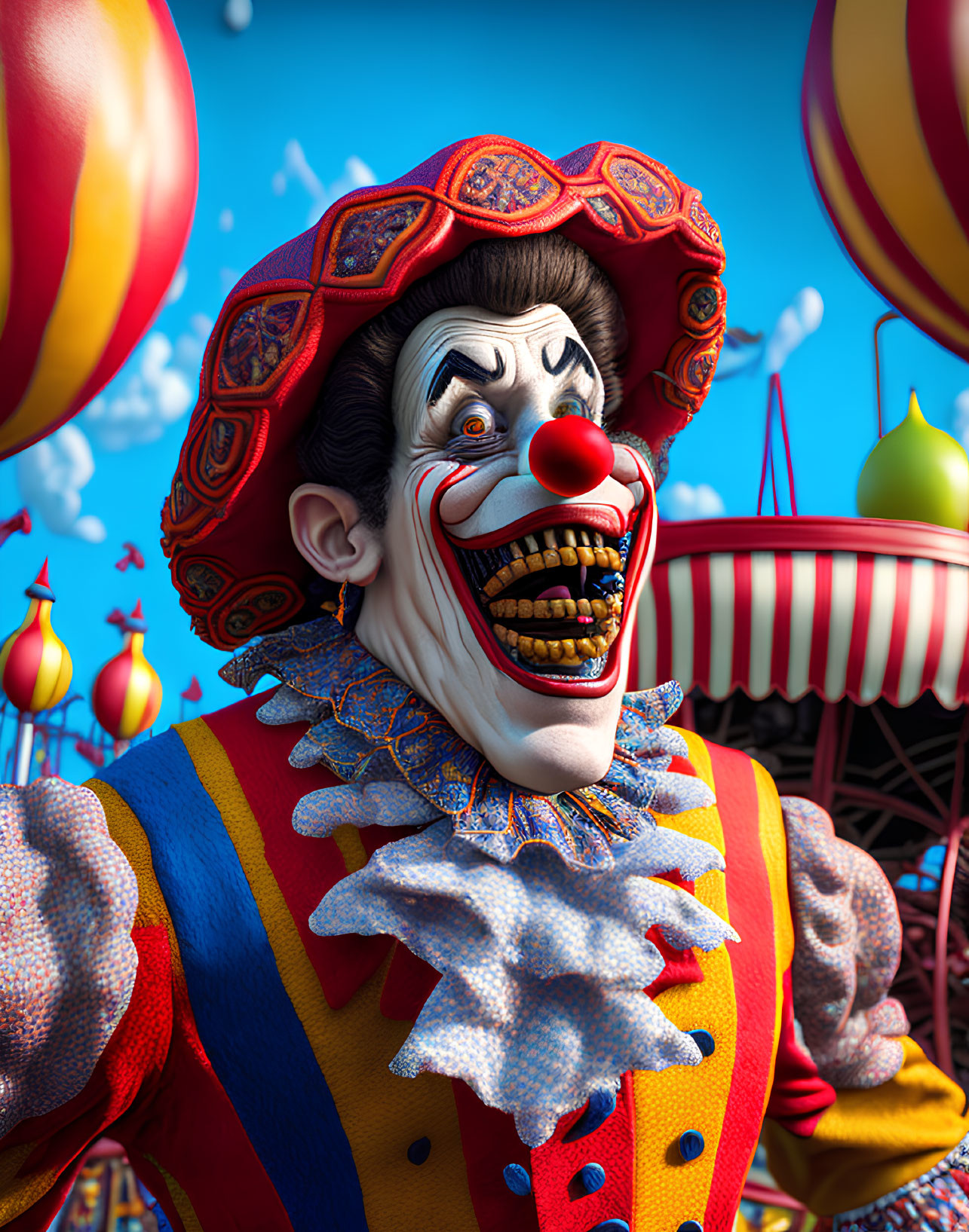 Colorful clown with sharp teeth in carnival setting