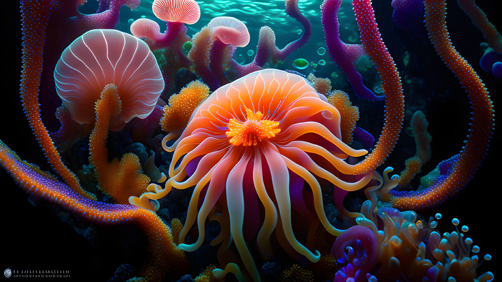 Colorful Underwater Scene with Orange Jellyfish and Coral