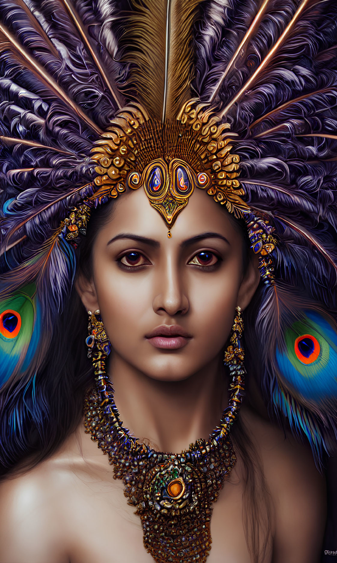 Exotic woman with peacock feather headdress and gold jewelry