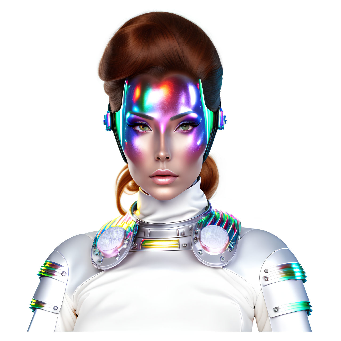 Futuristic female robot with iridescent facial features in white suit