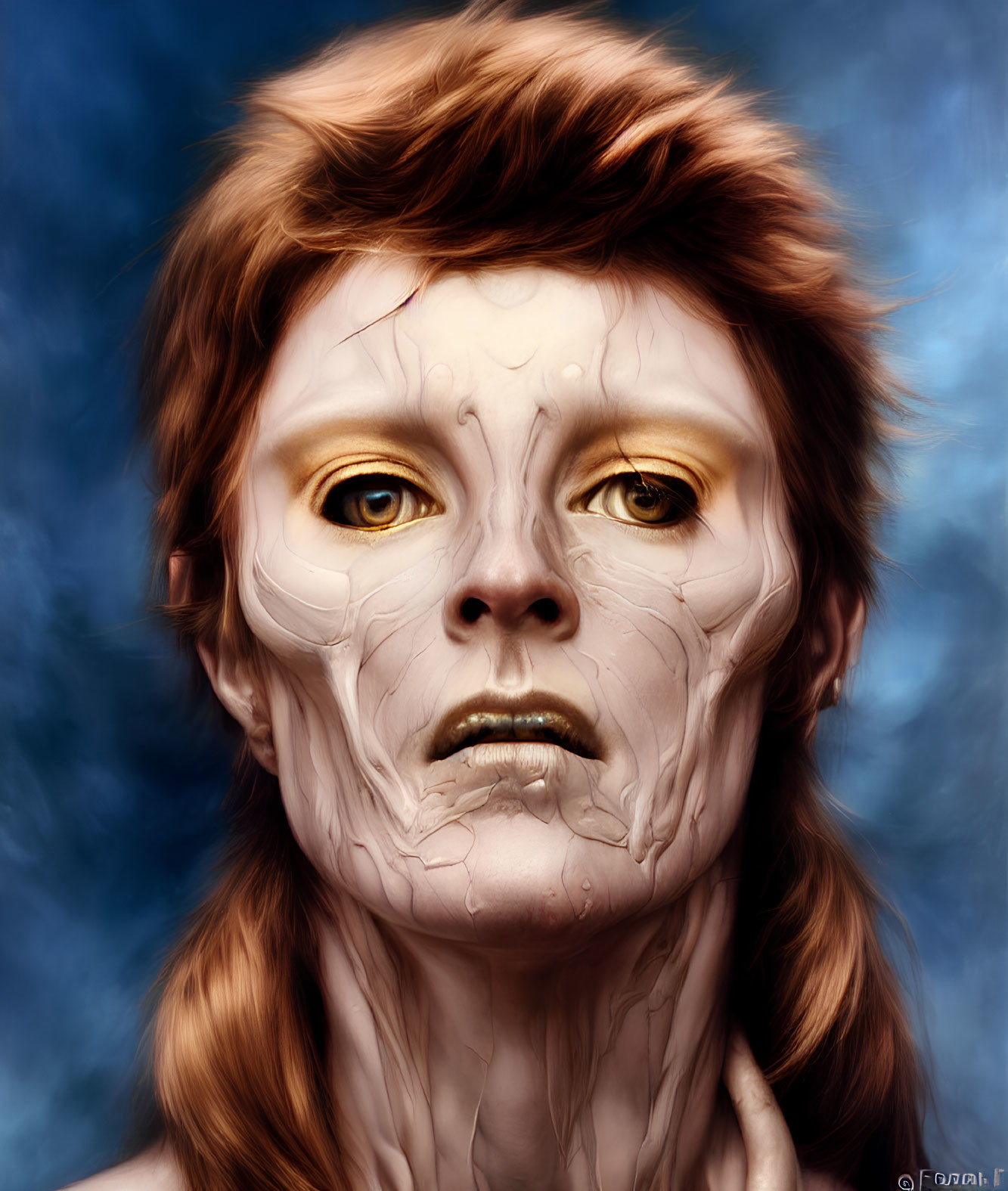 Surreal humanoid digital art portrait with cracked skin and golden eyes