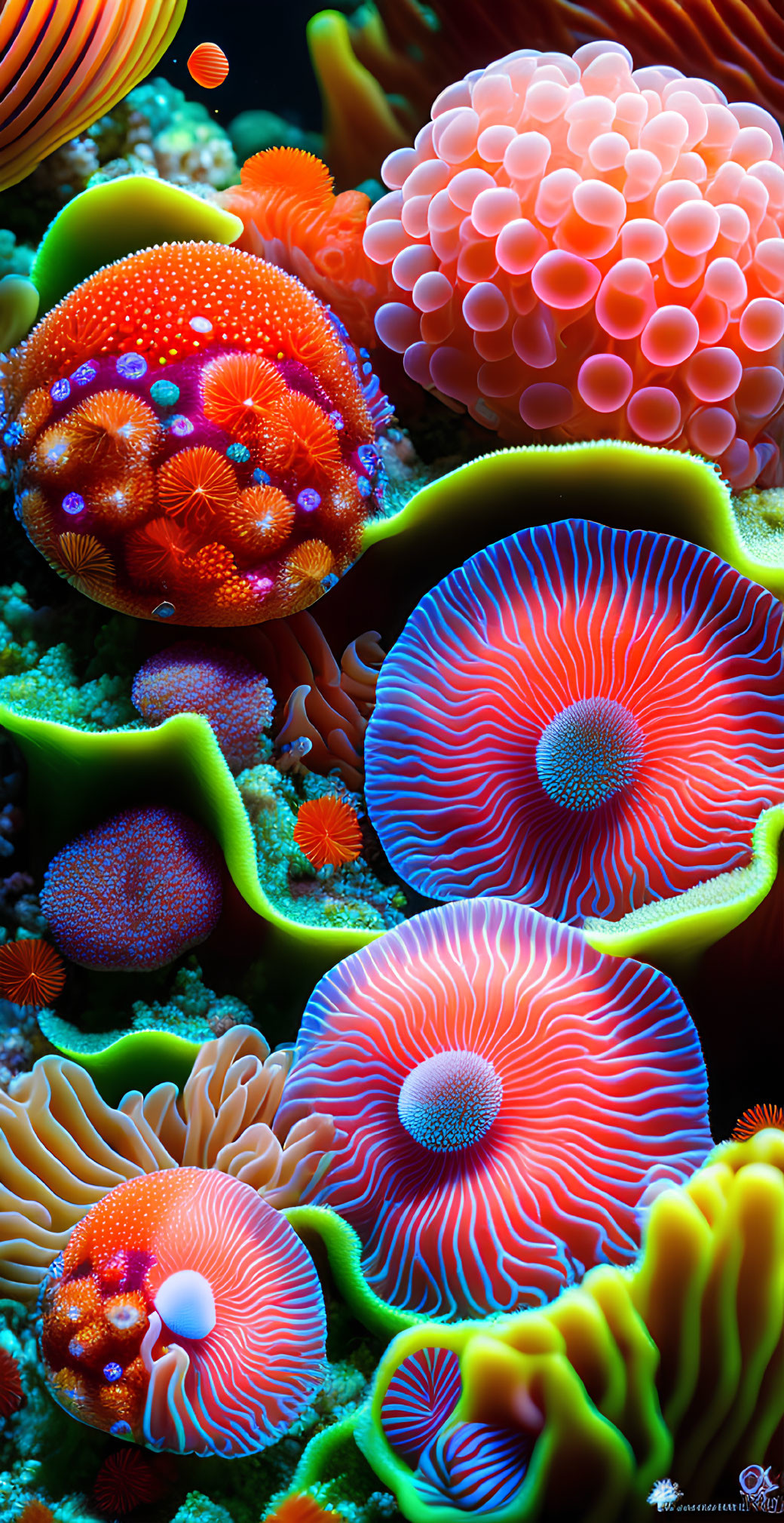 Colorful Bubble Coral, Mushroom Coral, and Sea Anemones in Vibrant Underwater Scene