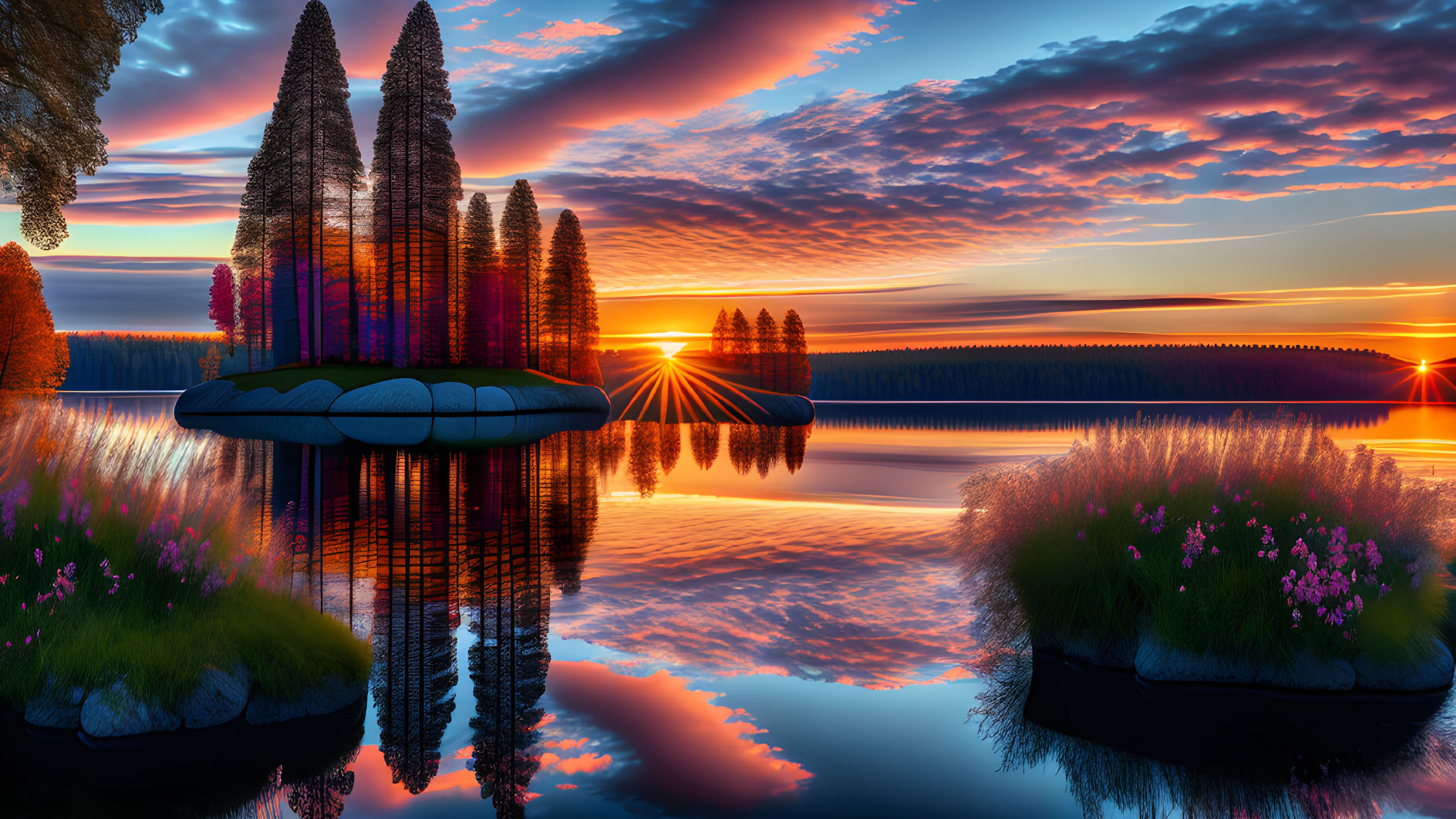 Vivid Sunset Over Calm Lake with Coniferous Trees and Wildflowers