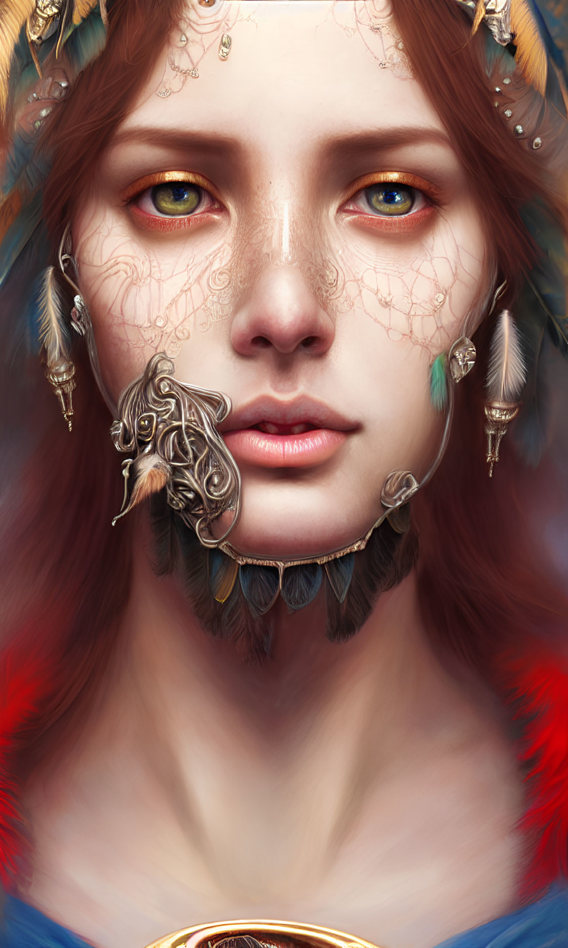 Detailed digital portrait of woman with golden facial jewelry, feathers, and veil-like tattoo