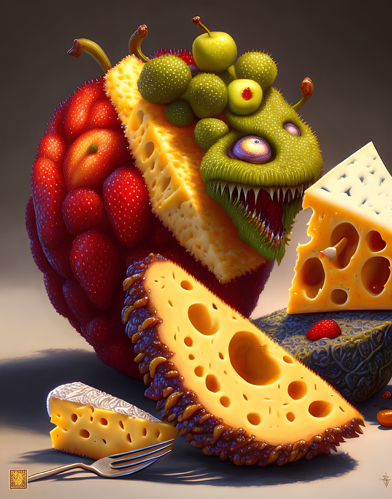 Colorful Fruit and Cheese Creature with Strawberry Skin and Pineapple Mouth