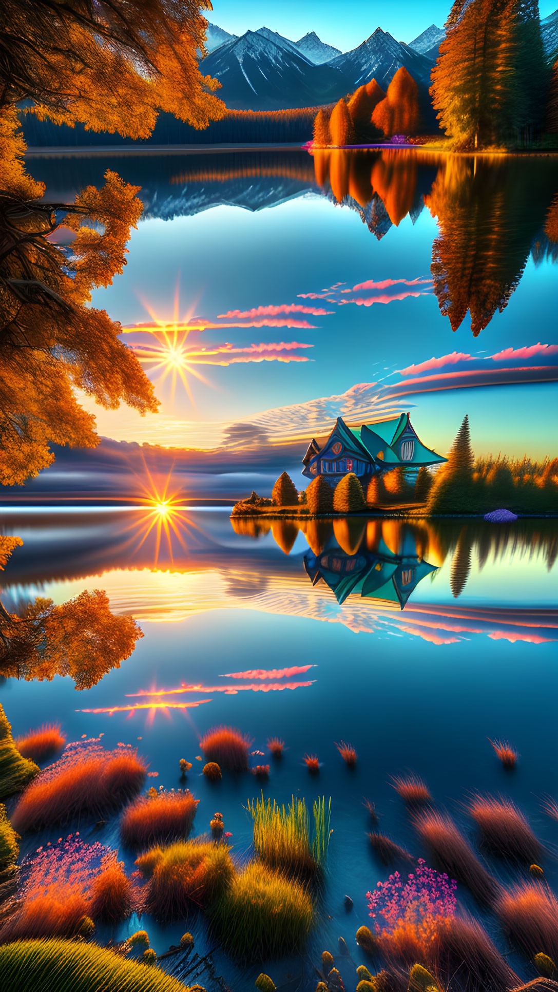 Scenic sunset over calm lake with autumn reflections and mountain cabin