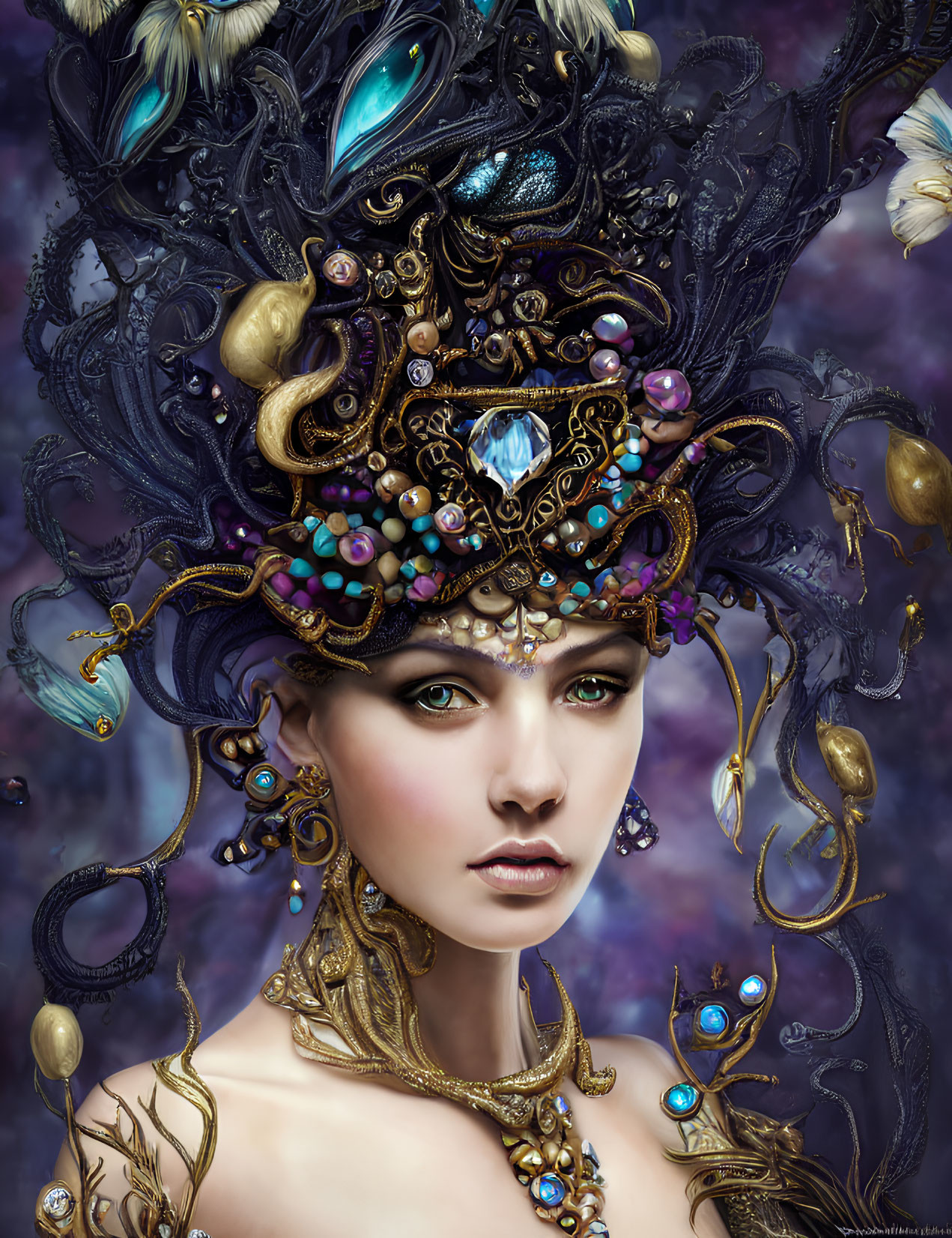 Portrait of Woman with Ornate Headpiece and Jewelry on Purple Background