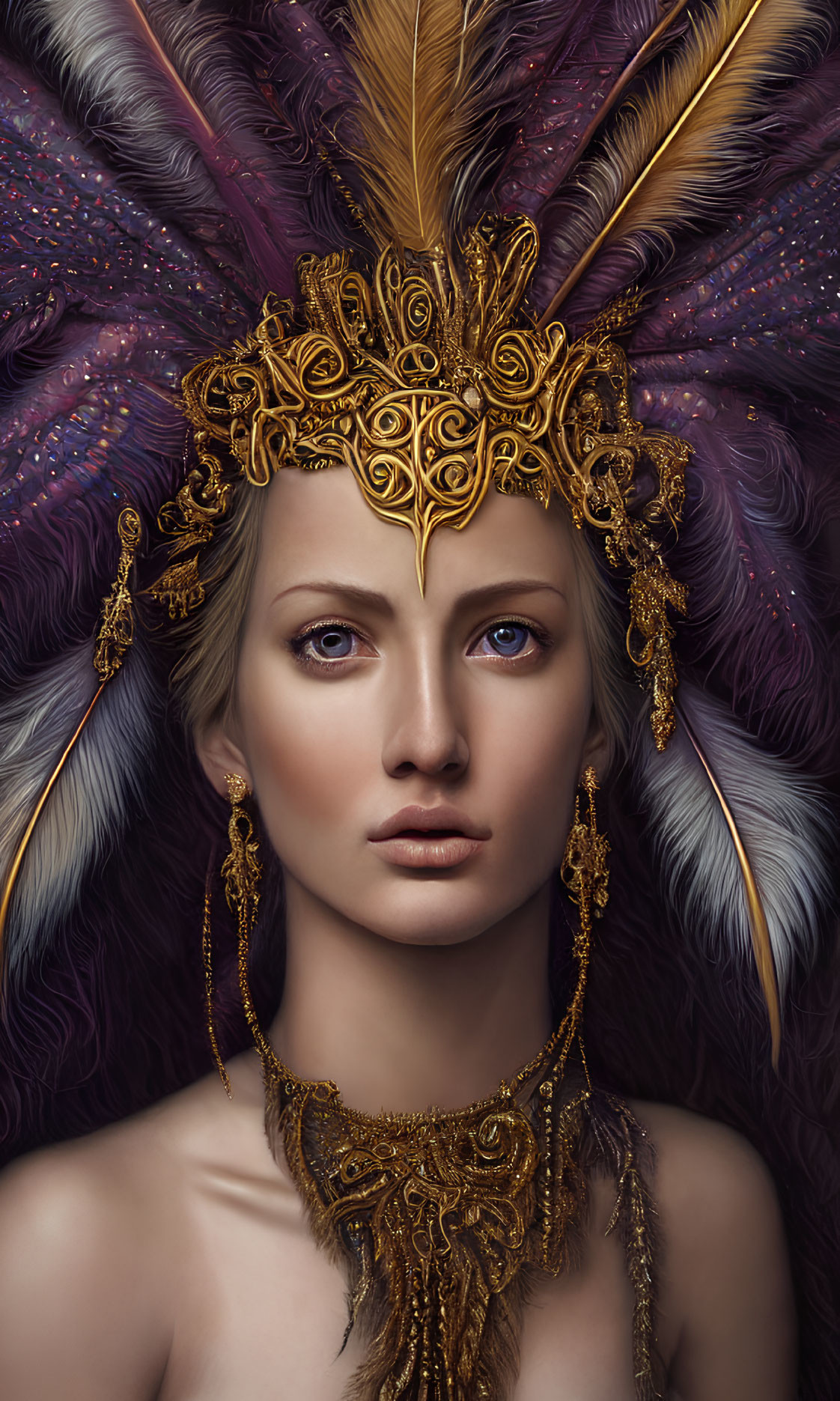 Detailed digital portrait of a woman with blue eyes and gold accessories in front of purple feathers