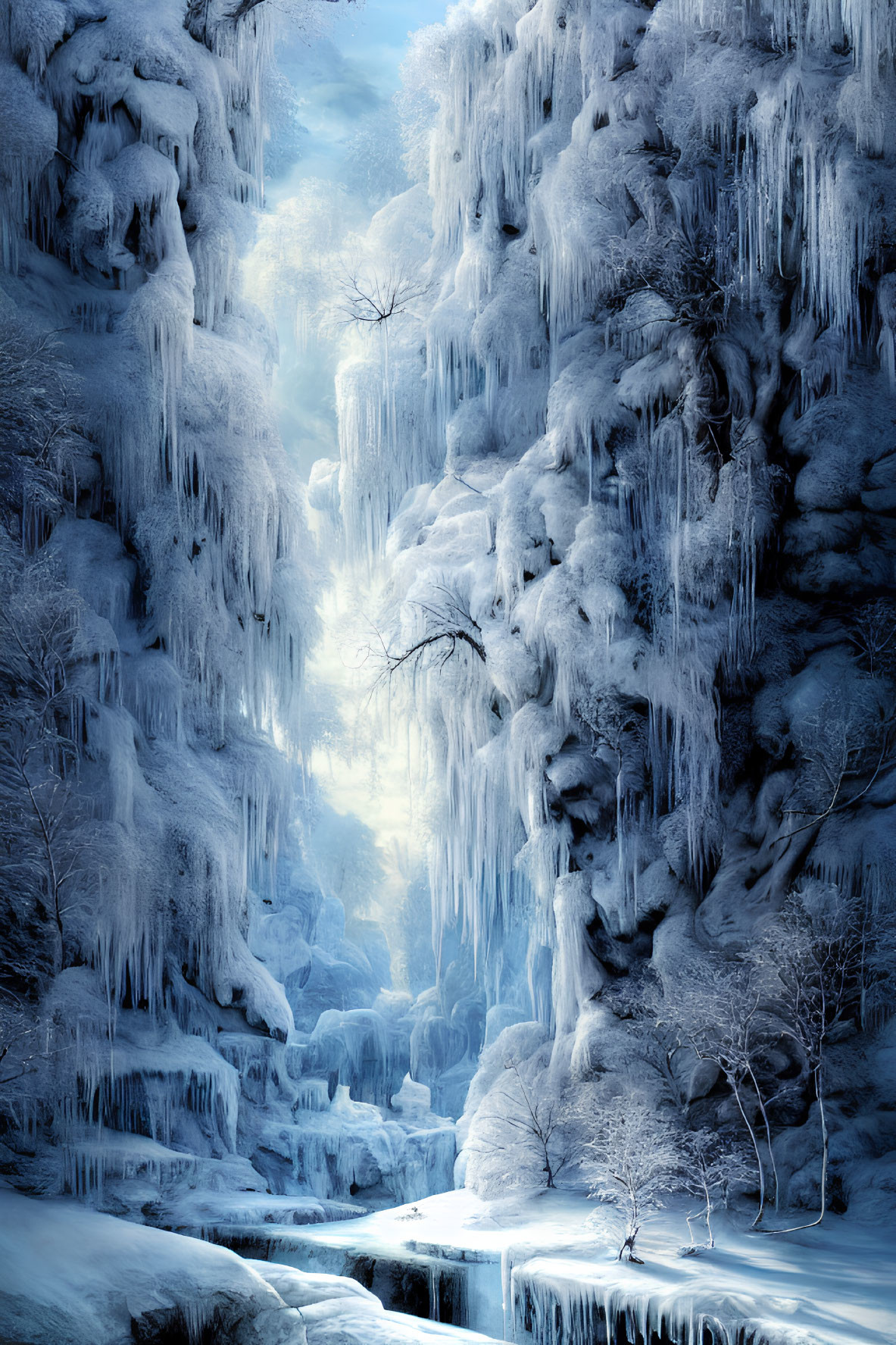 Snow-covered trees and frozen waterfall in serene winter landscape