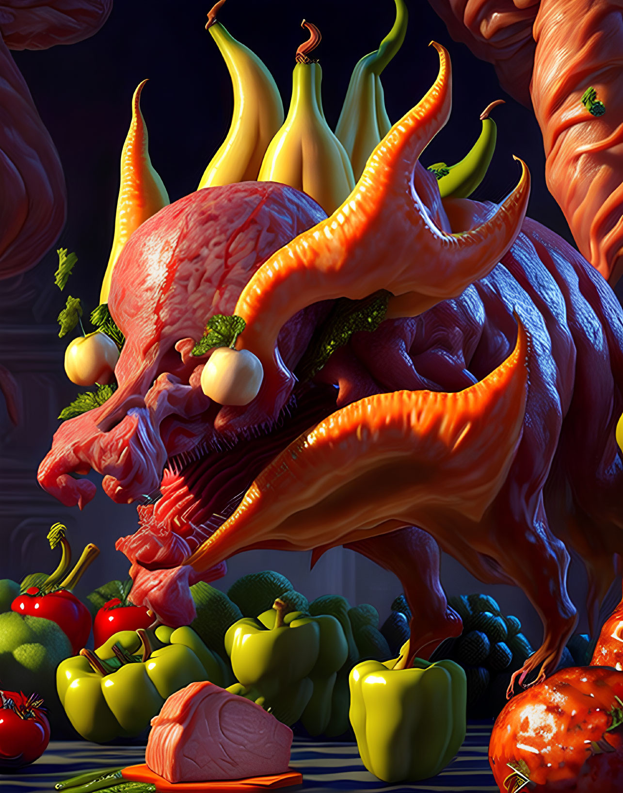 Surreal creature with chicken body and octopus tentacles among fruits and vegetables in dark setting