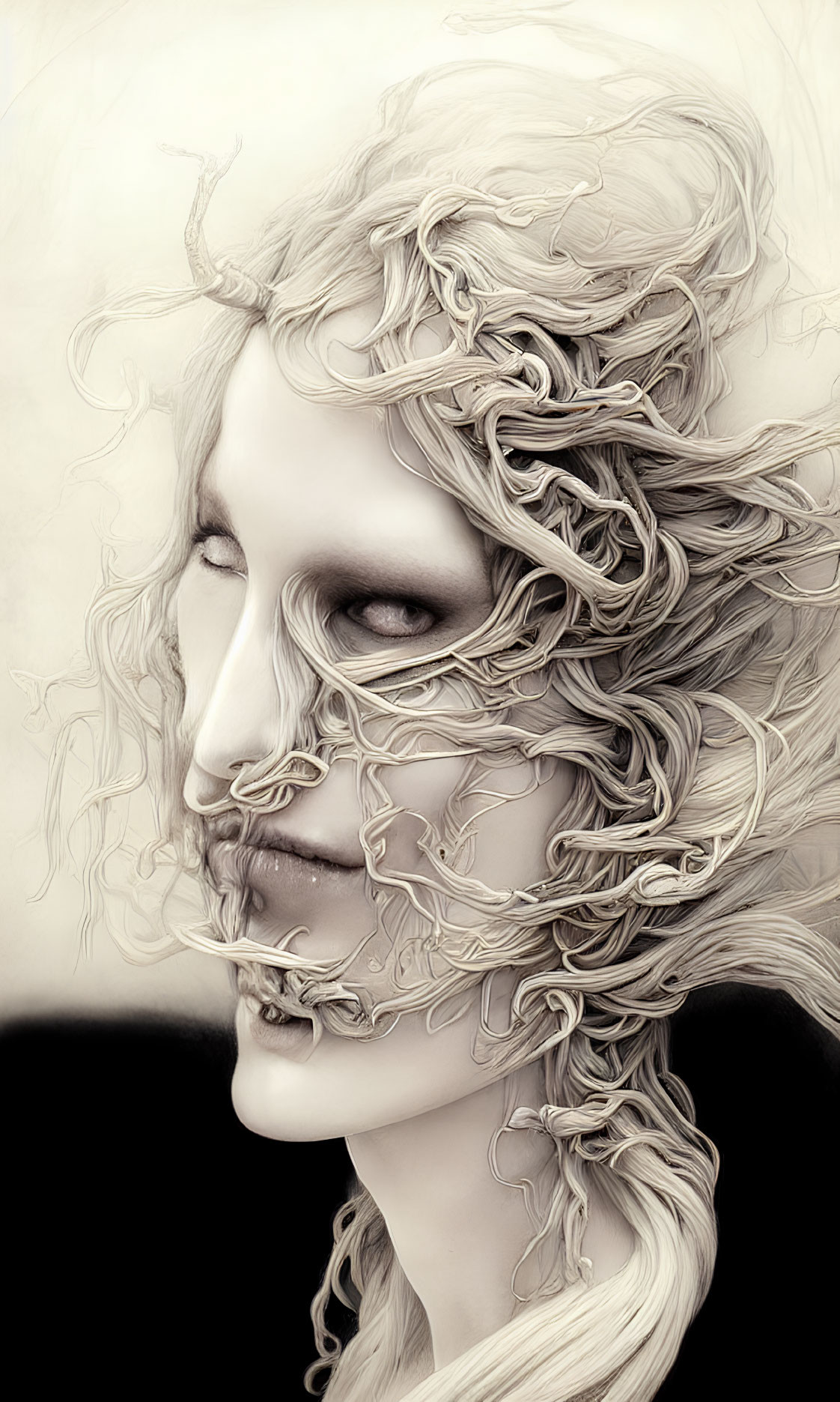 Monochrome Illustration of Person with Swirling Hair & Horned Creature