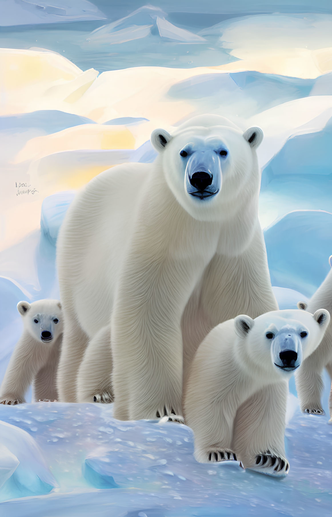 Polar bear family with cubs on icy landscape in pastel colors