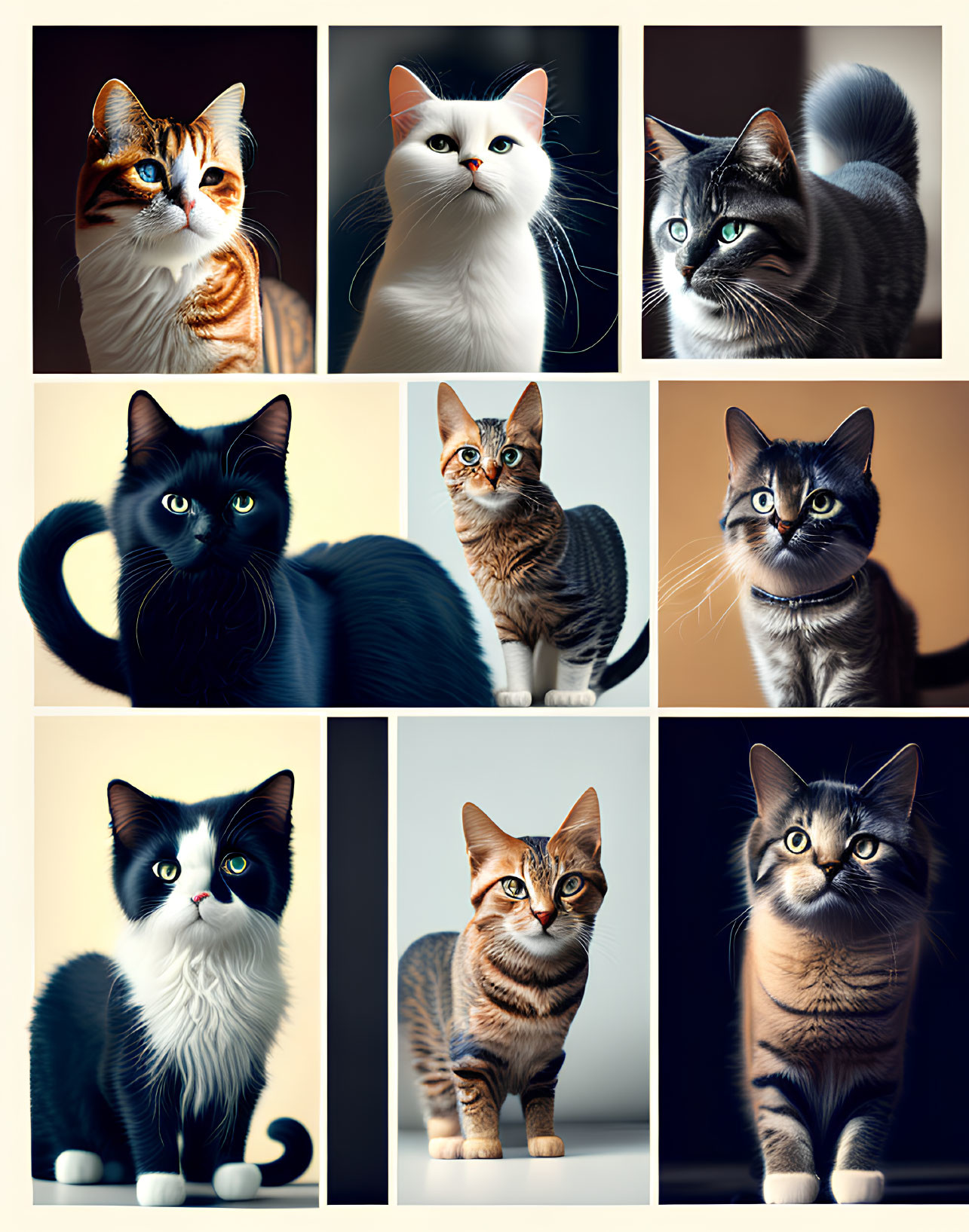 Grid of Nine Stylized Cat Illustrations with Unique Fur Patterns