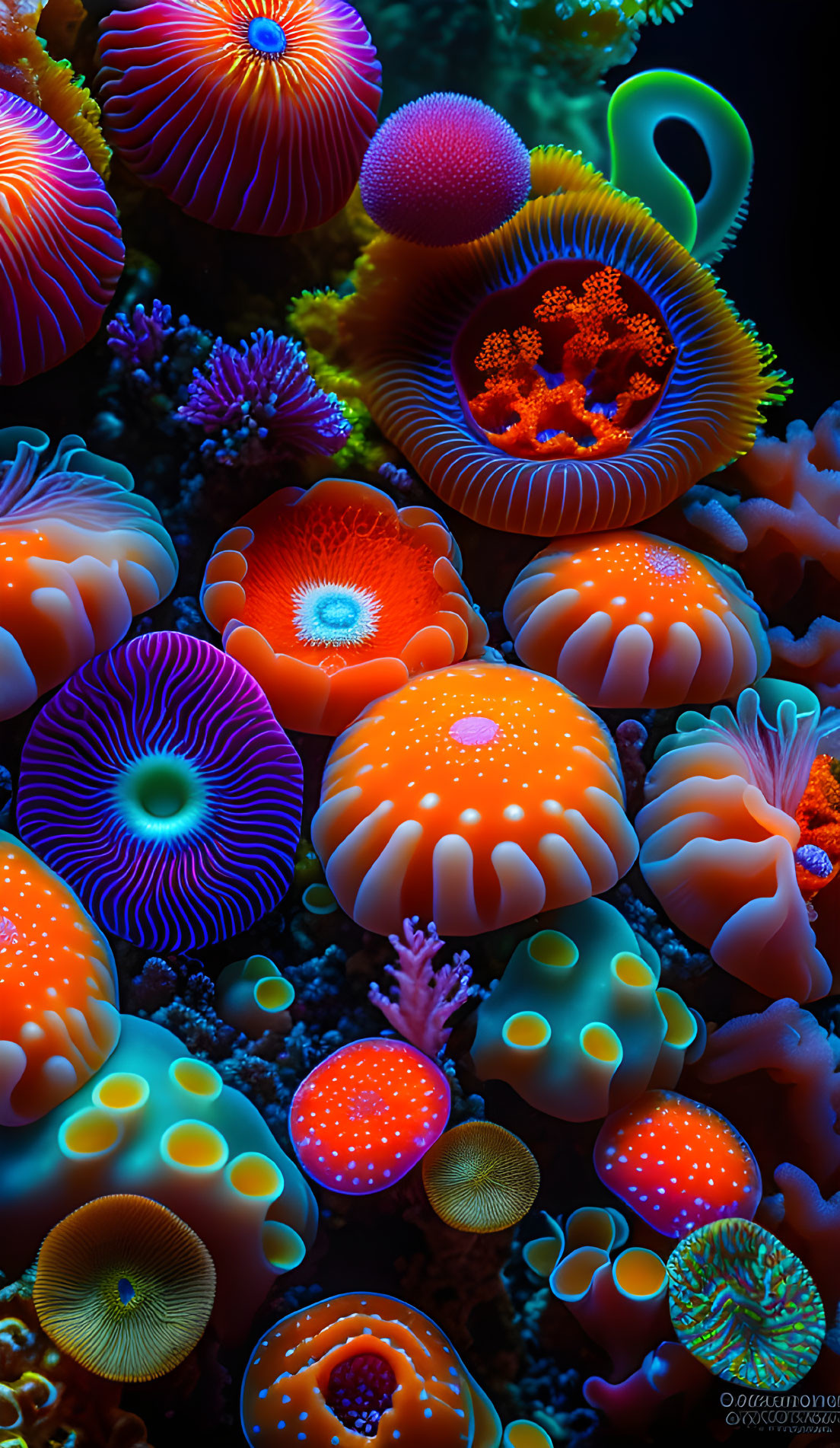 Colorful Sea Anemones and Coral in Neon Hues on Dark Aquatic Background