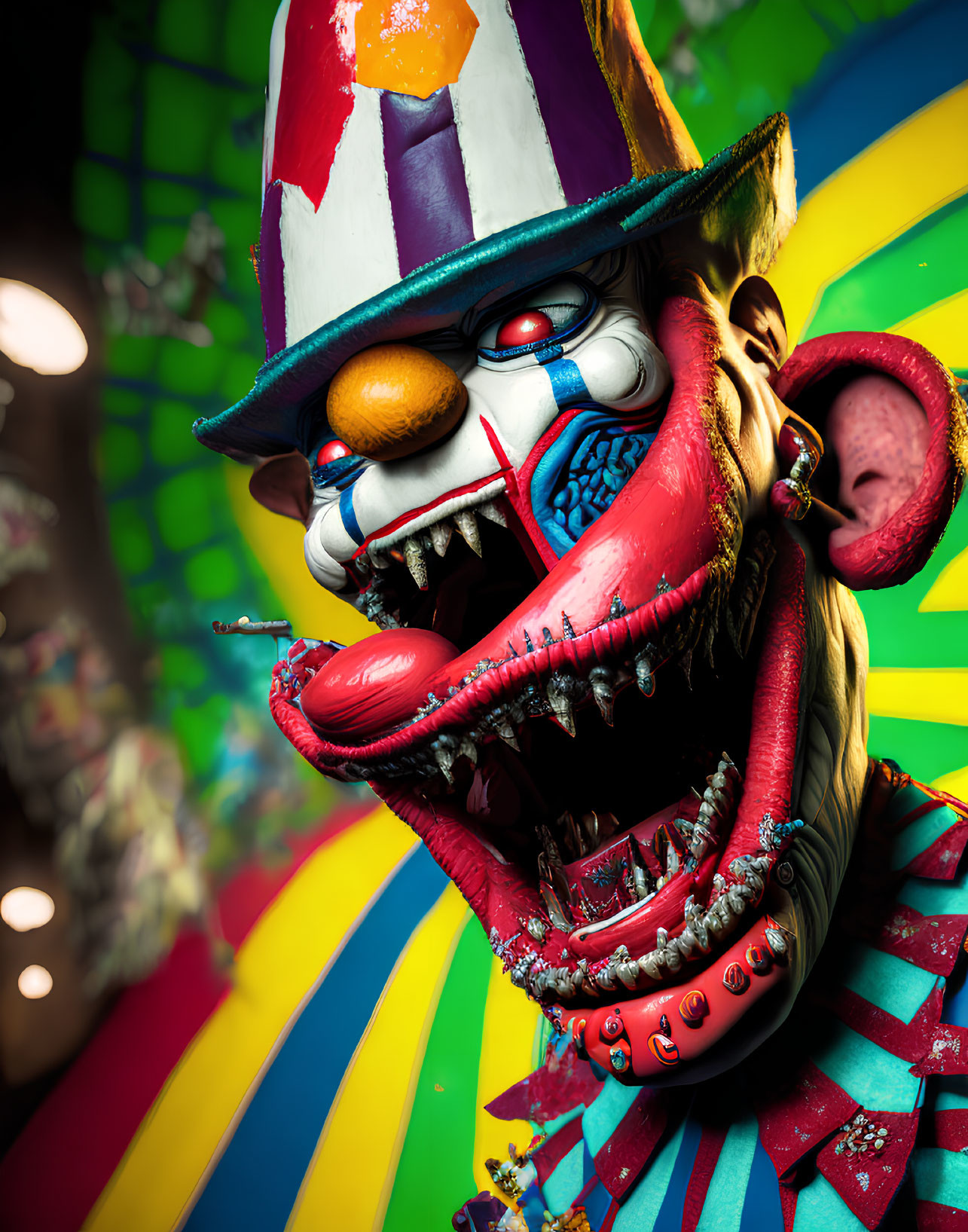 Colorful surreal clown with exaggerated features on a psychedelic background