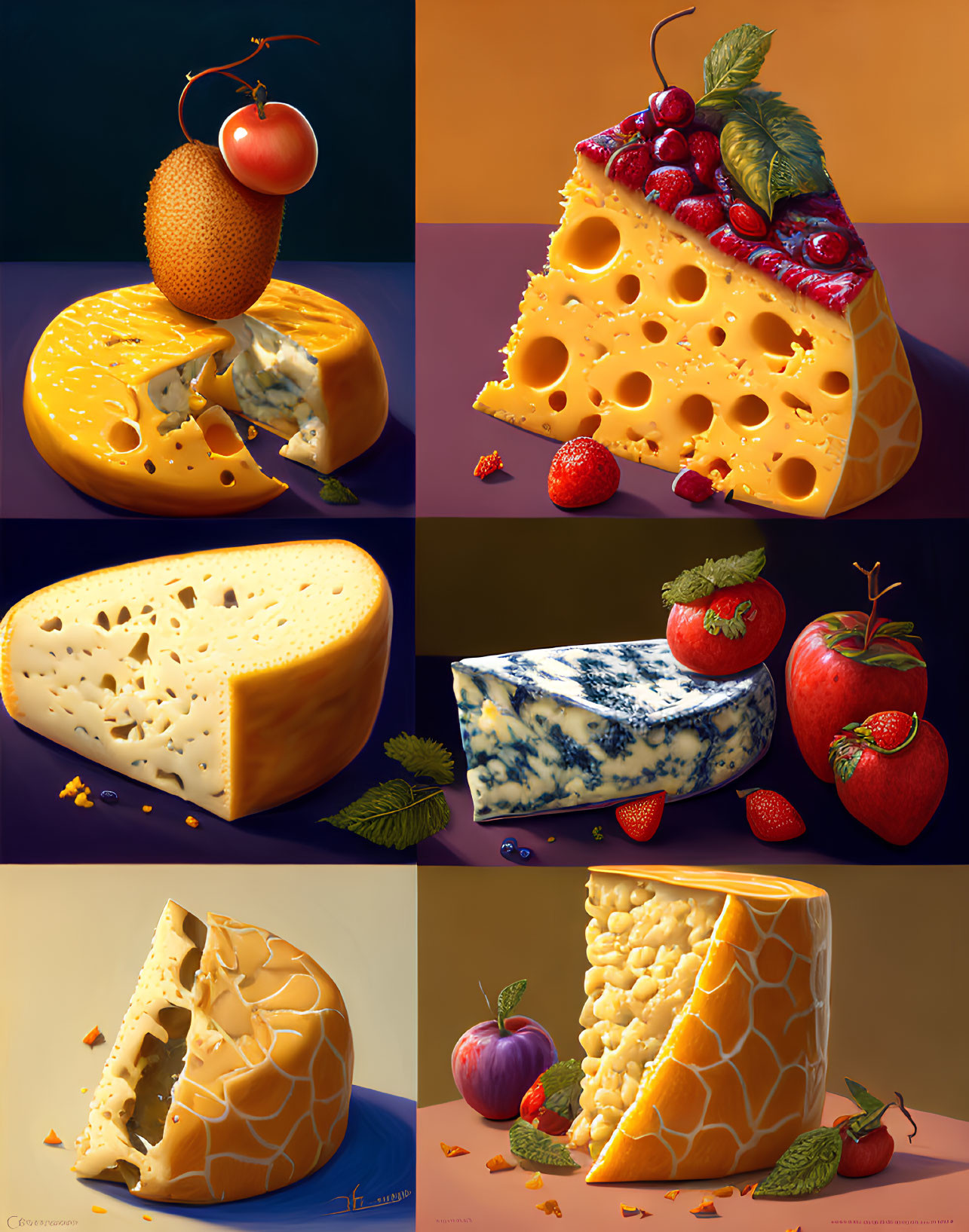 Assorted cheeses with fruits and mint on colorful backdrop