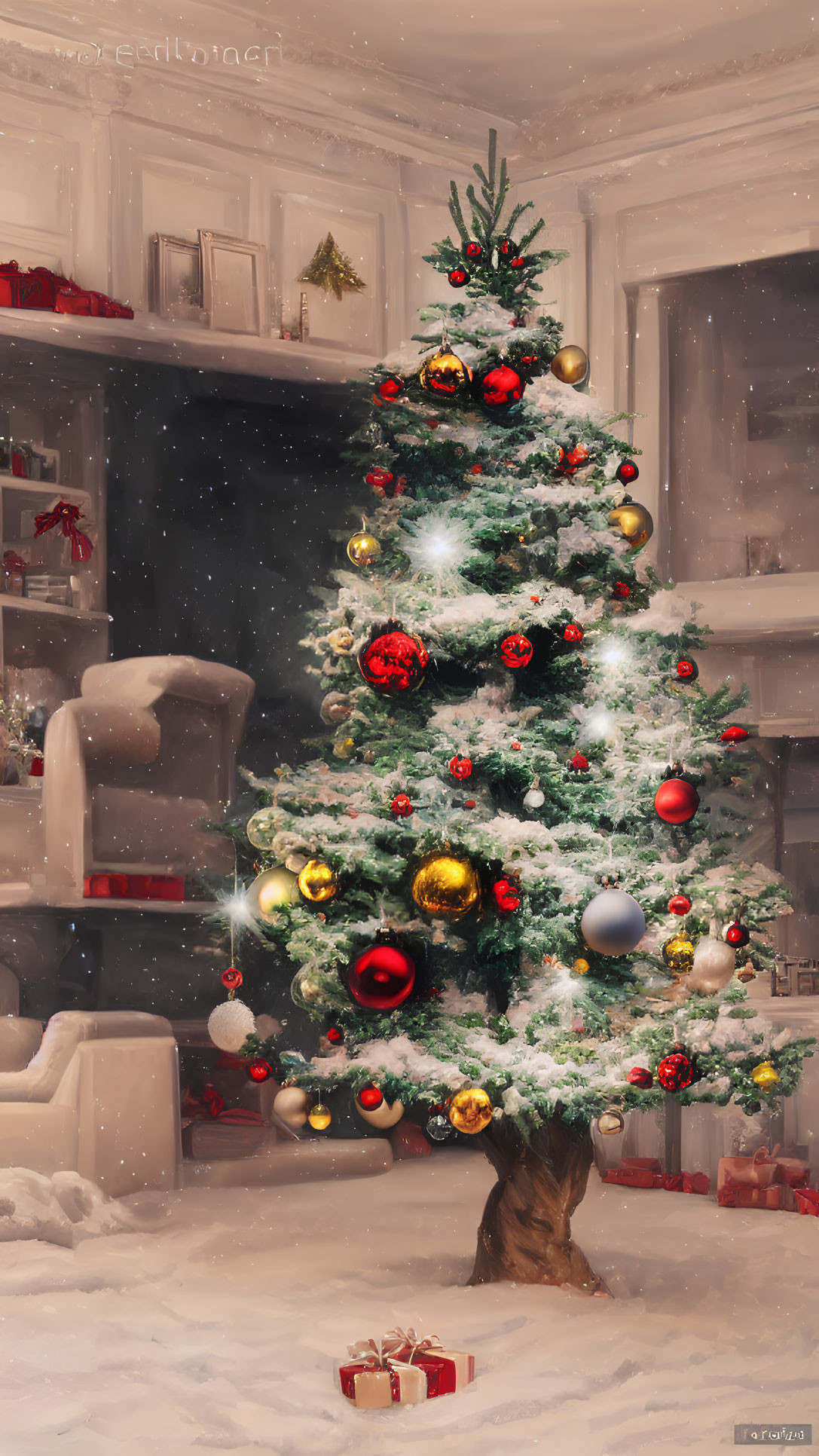 Festive Christmas tree with red, gold, and blue ornaments and gifts in cozy room