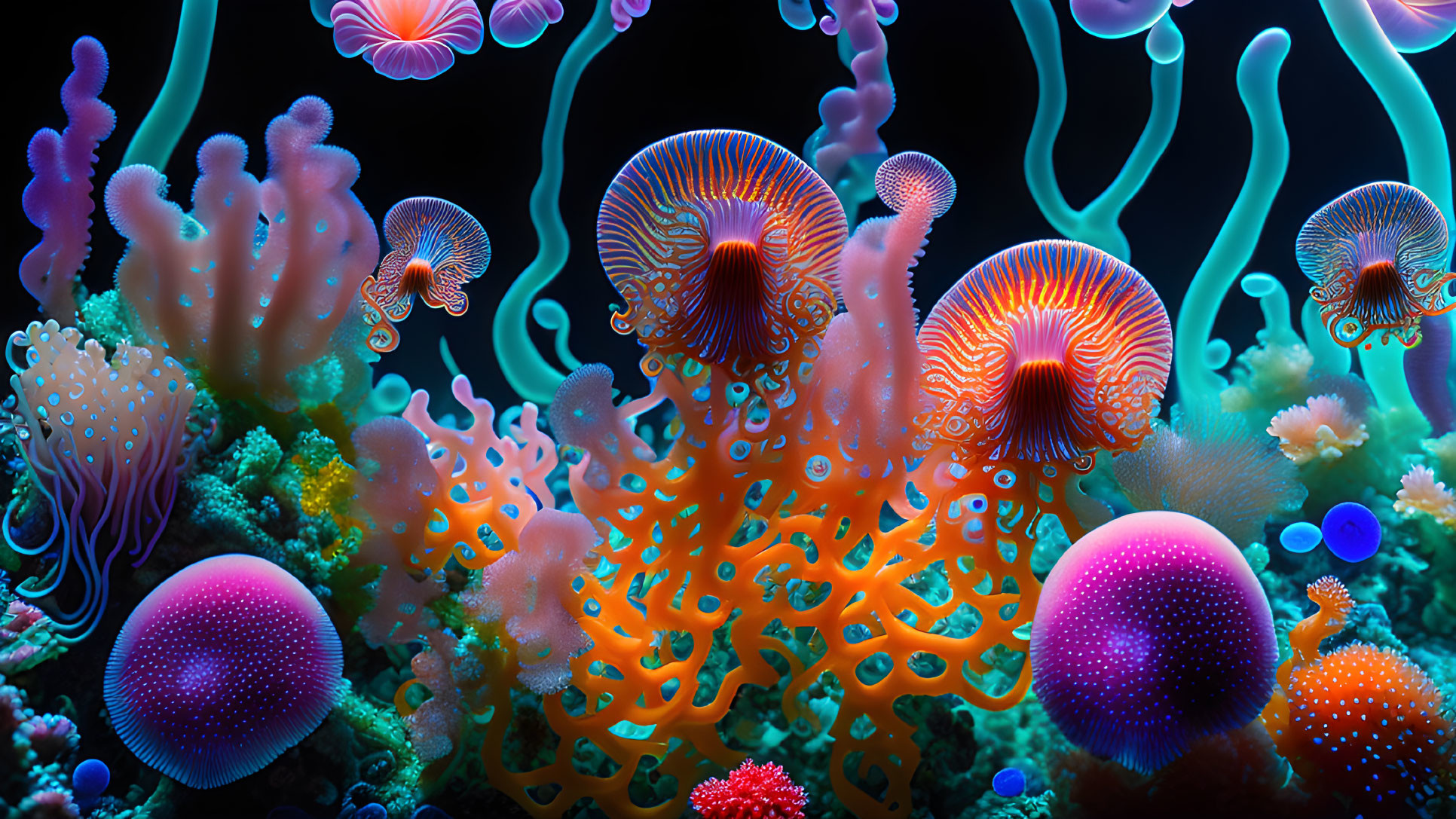 Colorful Coral Structures and Jellyfish in Vibrant Underwater Scene