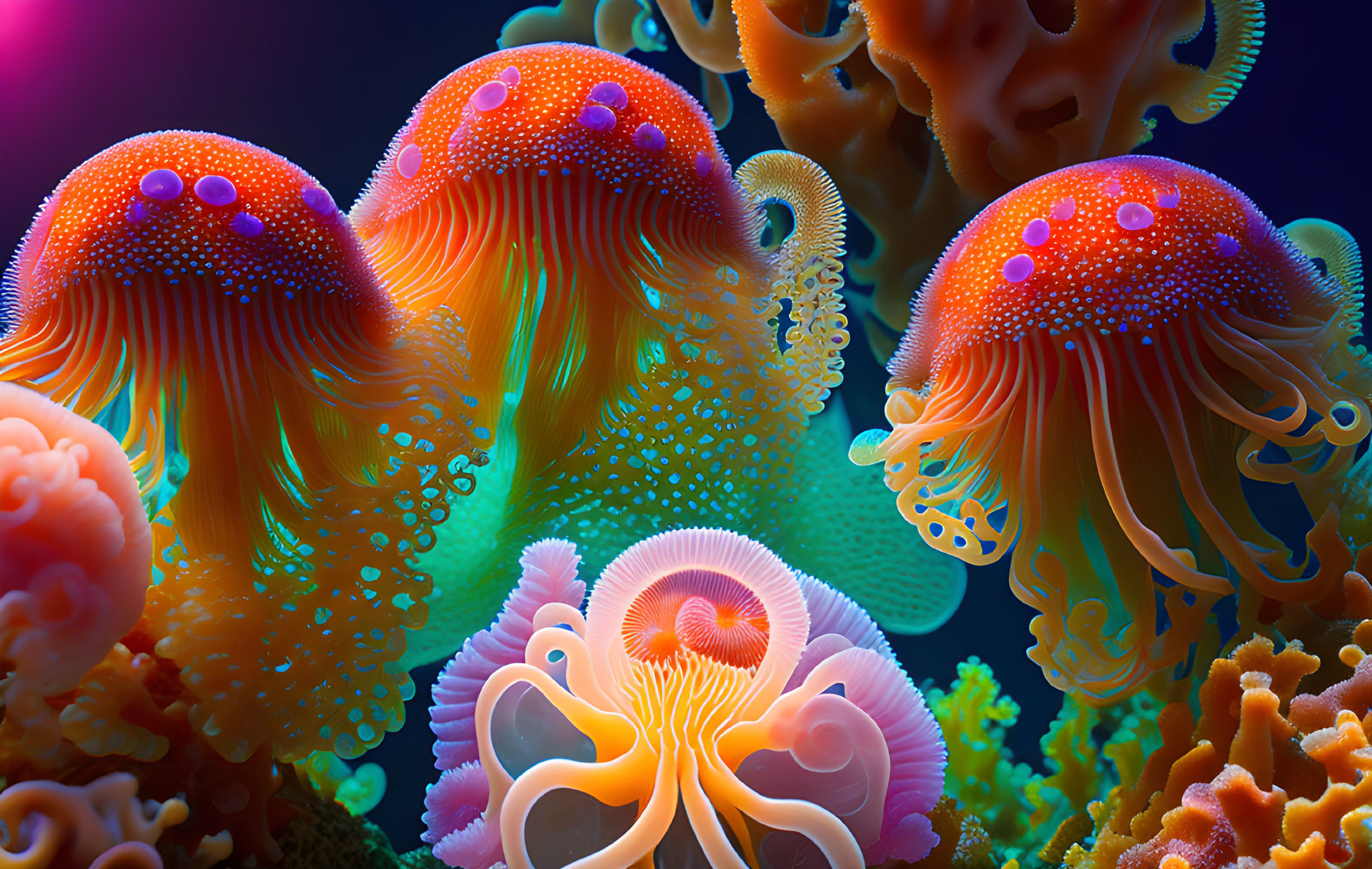 Colorful Jellyfish and Coral in Underwater Scene