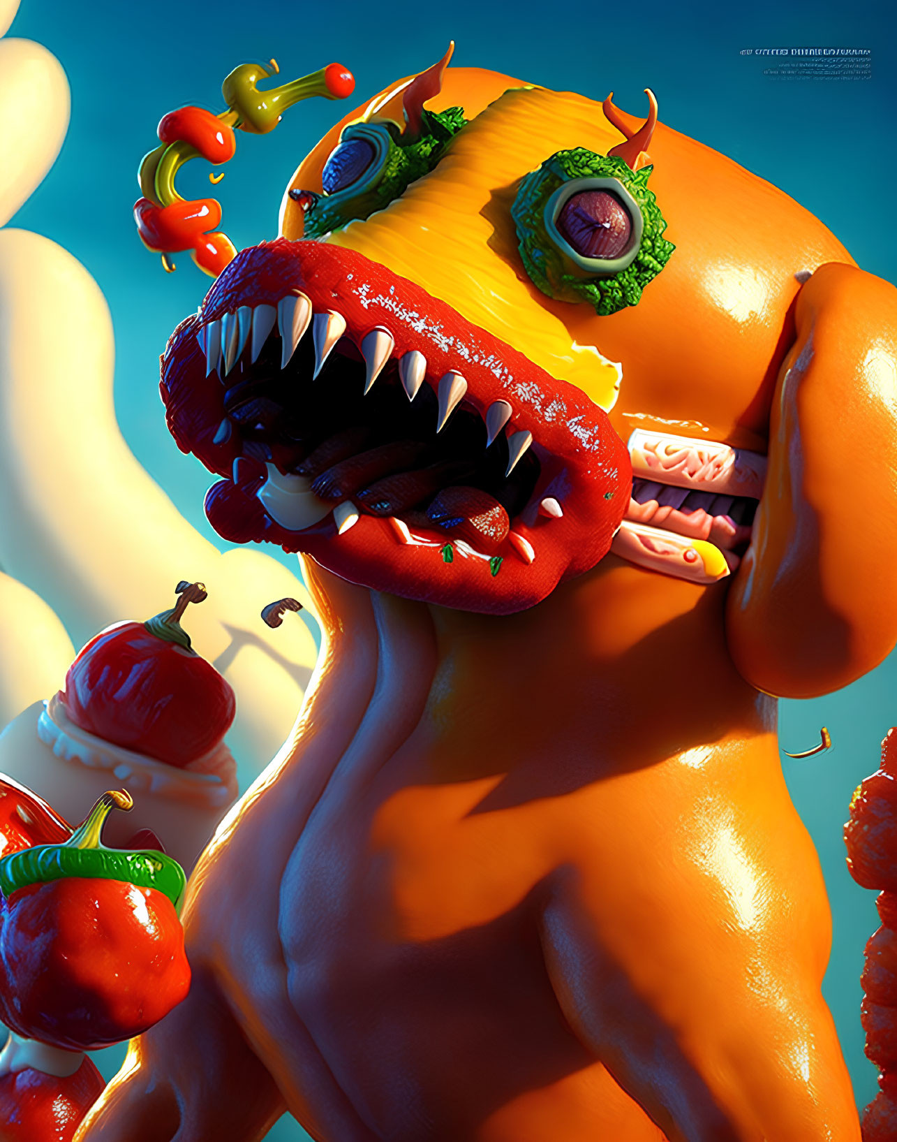 Vibrant surreal artwork: humanoid figure with food features