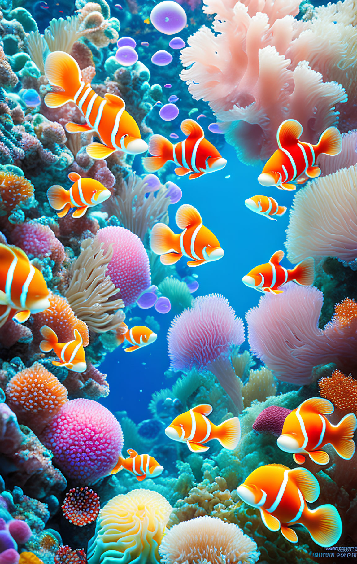 Colorful Clownfish Among Vibrant Underwater Corals and Anemones