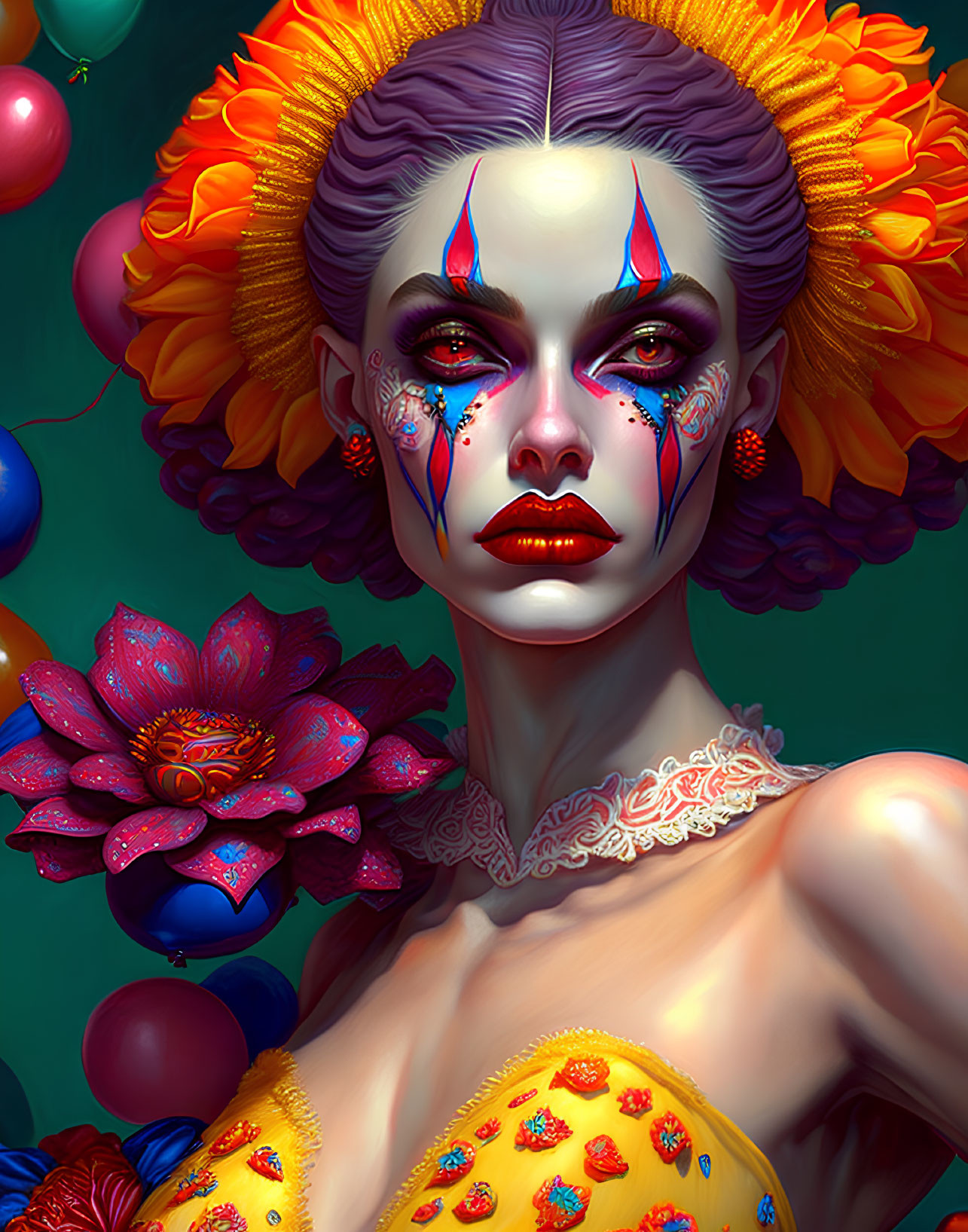 Vibrant makeup and floral headdress in fantasy art scene.