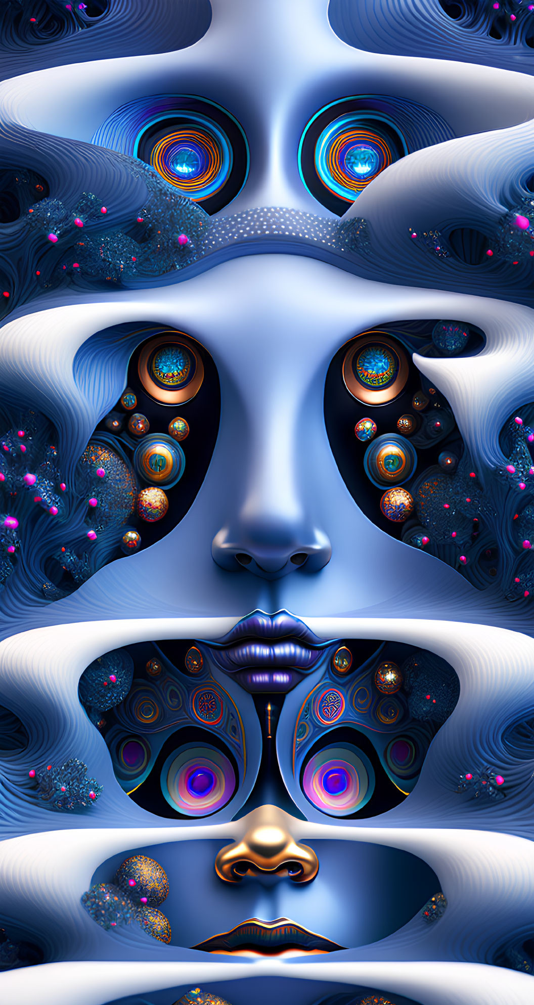 Symmetrical surreal digital art: mirrored faces, peacock eyes, blue patterns, neon pink accents