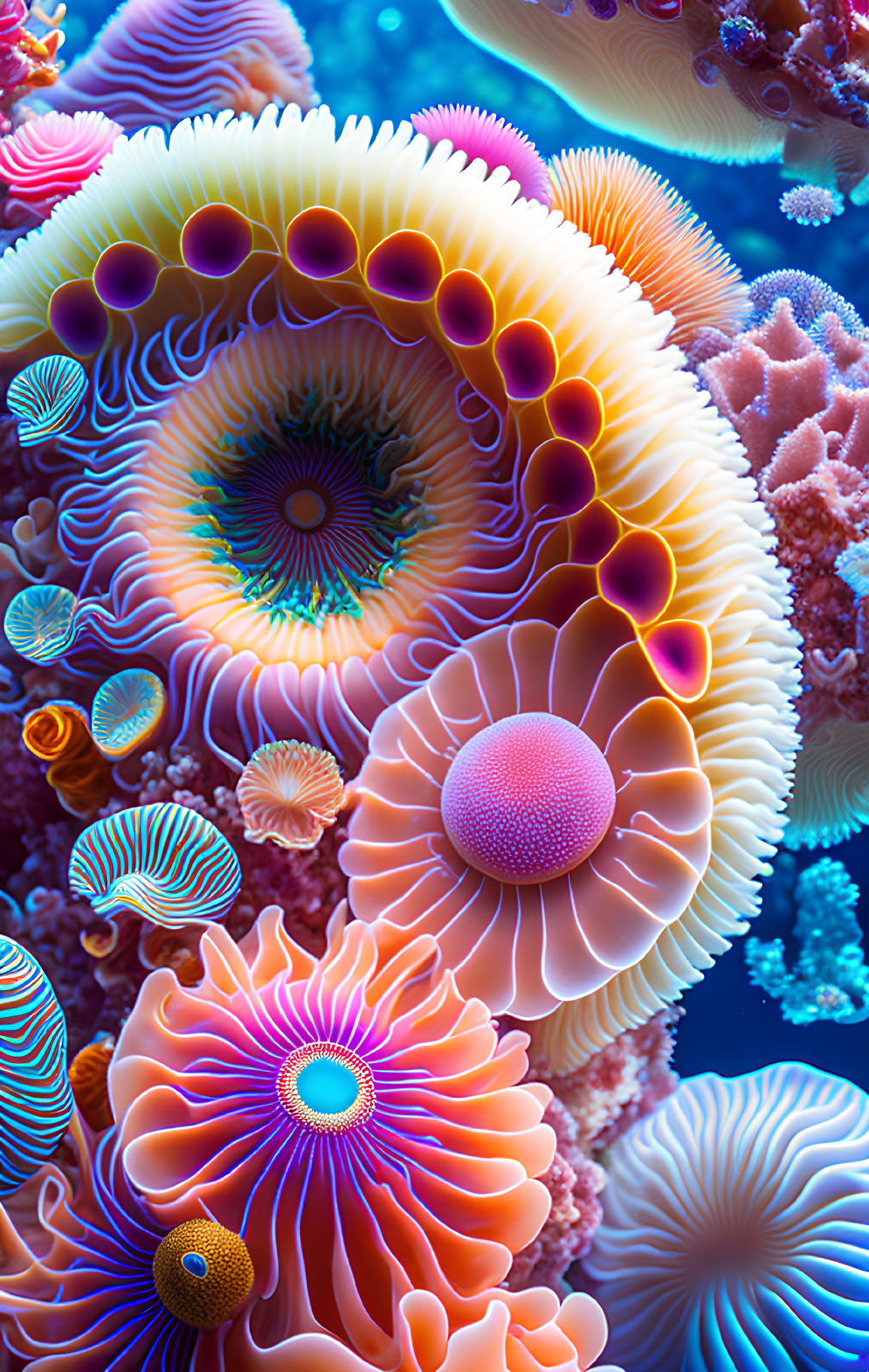 Vibrant Sea Anemones in Blue, Pink, and Orange Patterns