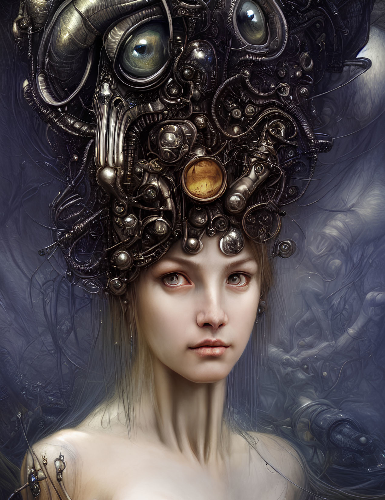 Portrait of Young Woman with Pale Skin and Steampunk Headdress