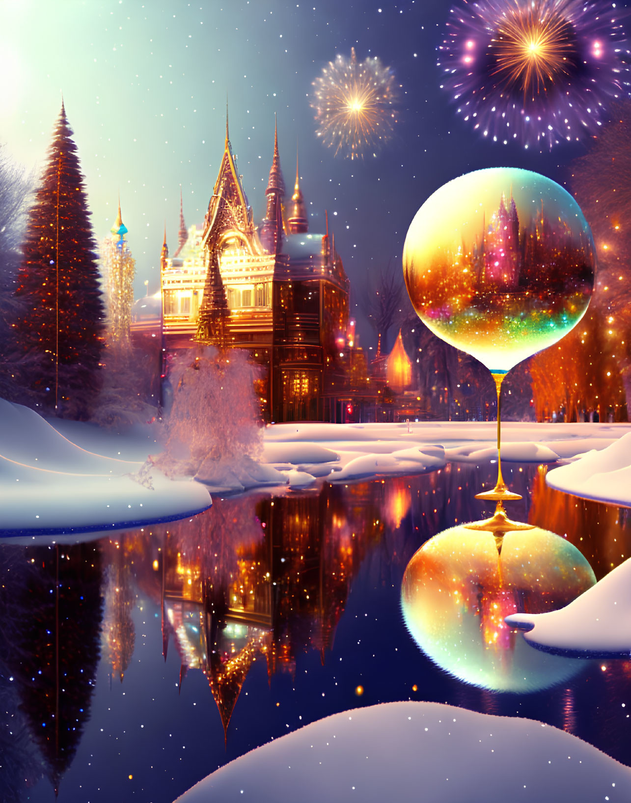 Magical winter scene: reflective orb, snow, river, fir trees, illuminated building, fireworks