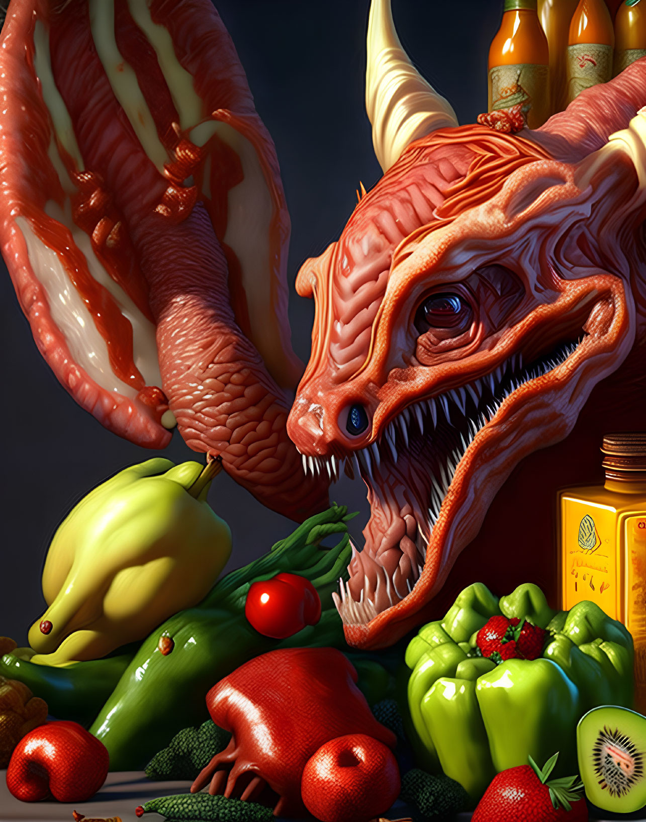 Detailed red dragon with colorful fruits and vegetables on dark background