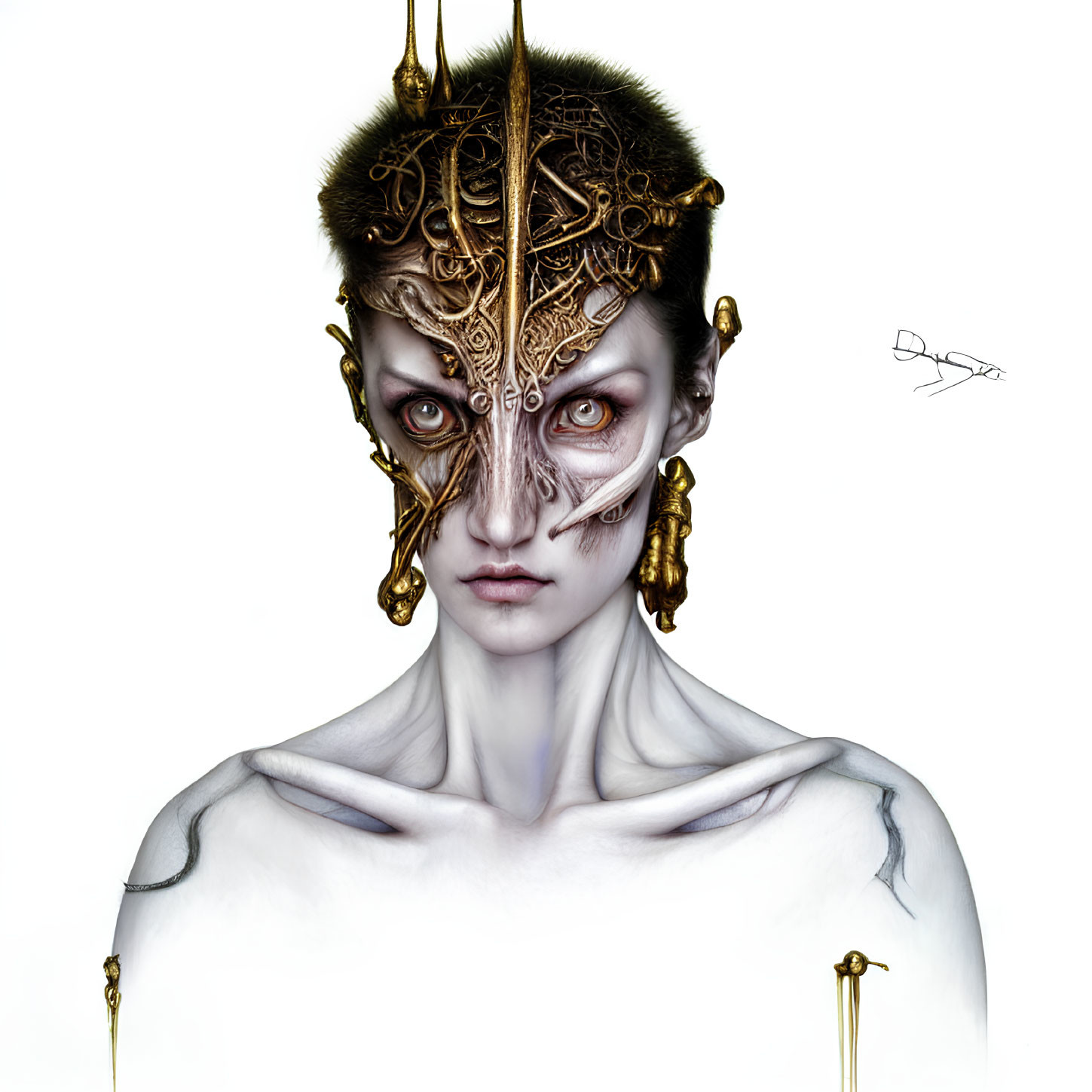 Pale-skinned figure with gold and black headgear and intricate facial adornments on white background